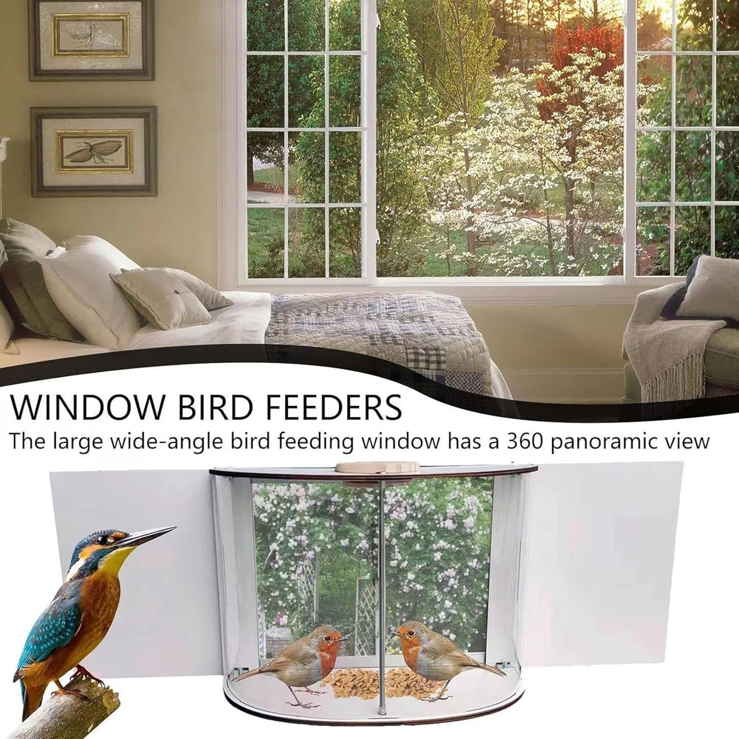 Fockety Window Bird Feeder, 180° Clear View Wooden Transparent Bird Ho