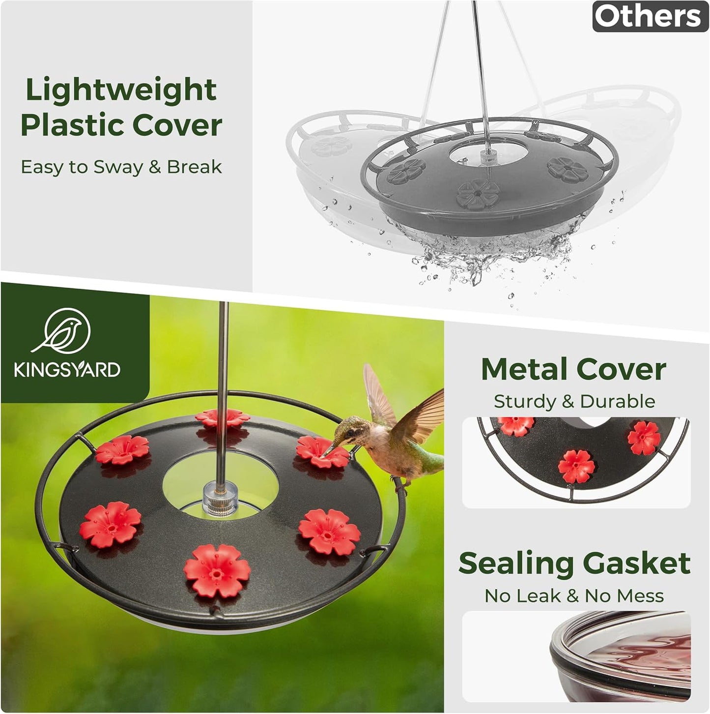 Kingsyard 12 oz Hummingbird Feeder with Rain Guard Dome, Leak-Proof Saucer Nectar Feeder for Outdoors Hanging, Built-in Ant Moat & 6 Bee-Proof Ports, Easy to Refill & Clean, Black