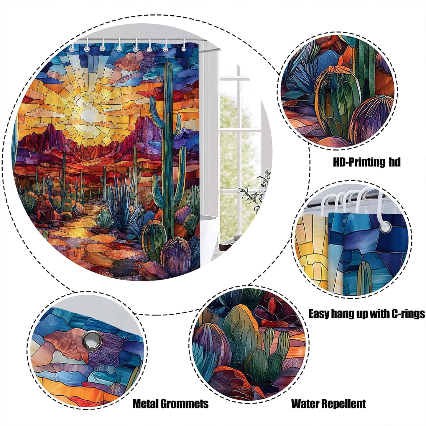 Western Desert Shower Curtain Boho Abstract Colorful Stained-Glass Southwestern Desert Cactus SunSet Montain Tropical Plant Outdoor Country Nature Landscape Bathroom Decor Fabric Curtain with Hooks