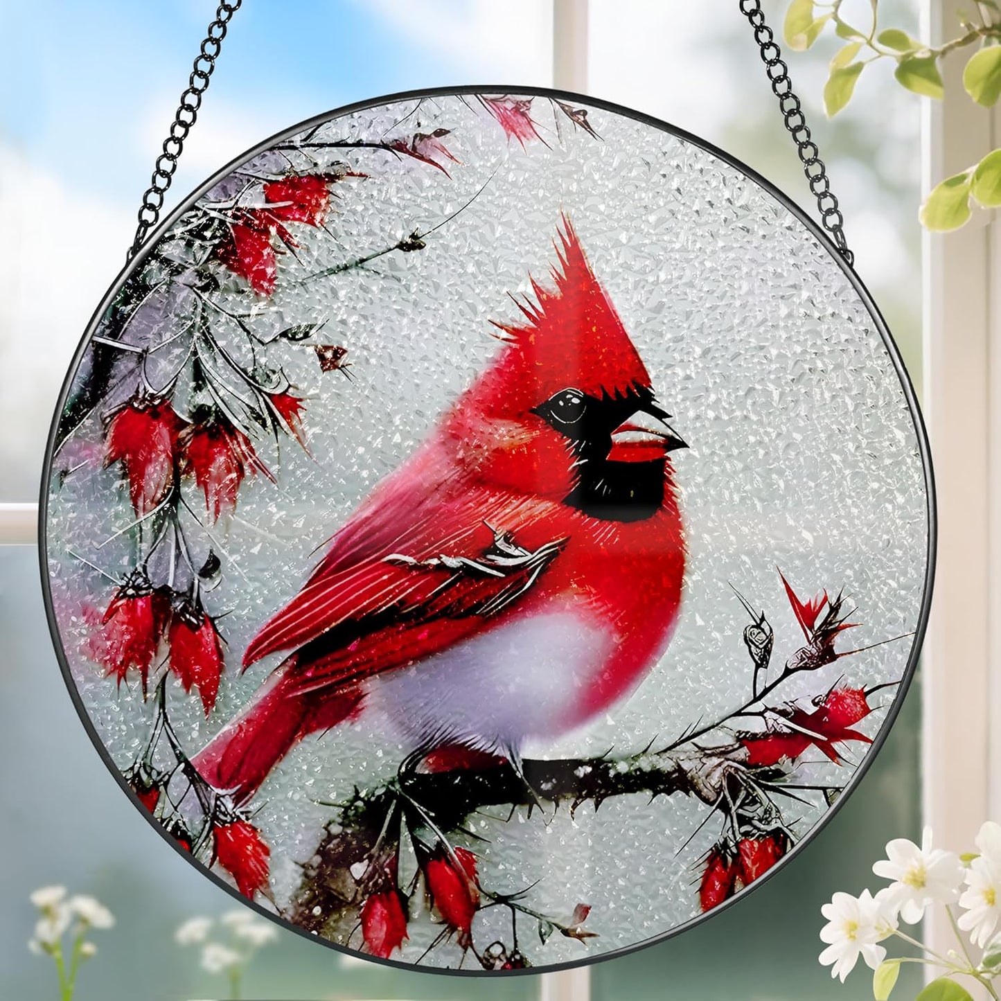 Stained Glass Window Hanging, DOUHASU 8 Inch Cardinal Stained Glass Su