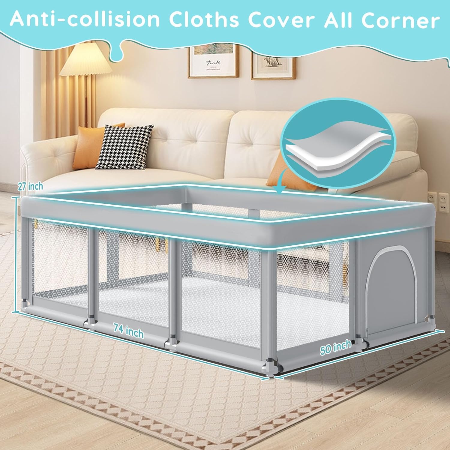 74" ×50" Large Baby Playpen, Baby Playard for Babies and Toddlers, Bab