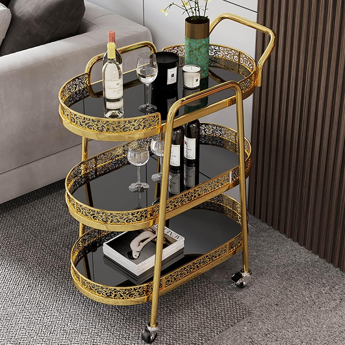 Retro Wrought Iron Kitchen Service Trolley, Household Wine Trolley and Tea Trolley, Wheeled Beauty Salon Trolley (White 3 Layers) (Golden 3 layers)