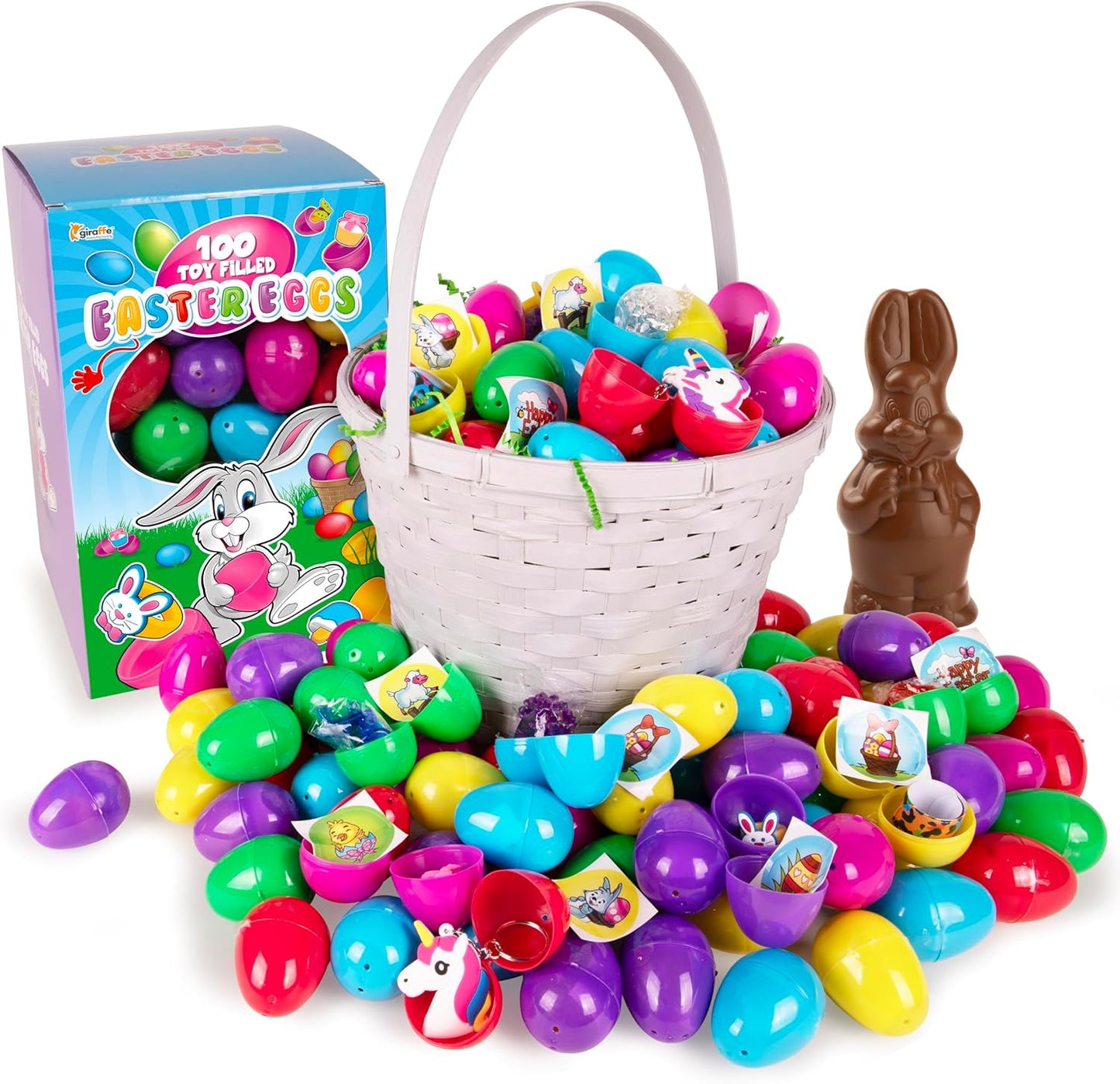 Giraffe 100 Pack Prefilled Easter Eggs Bulk - Multi Color Plastic Filled Easter Eggs for Kids with Toy Filled Slap Bracelets, LED Rings, Stickers - Easter Basket Stuffers for Kids