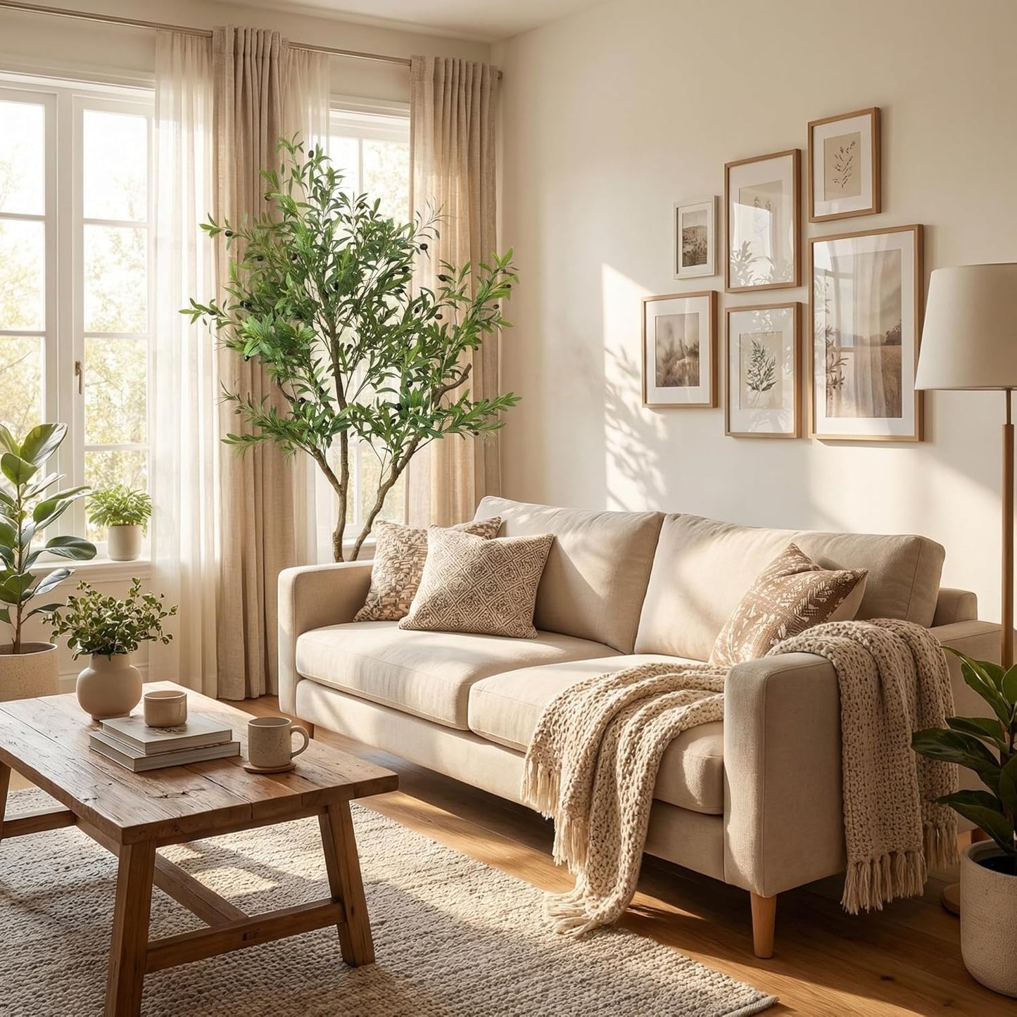 Artificial Olive Tree 7ft with Realistic Leaves, Dewdrops and Olives, Full and Grand Design Faux Tree with Sturdy Base for Indoor Outdoor Office Decor (Without Dewdrops)
