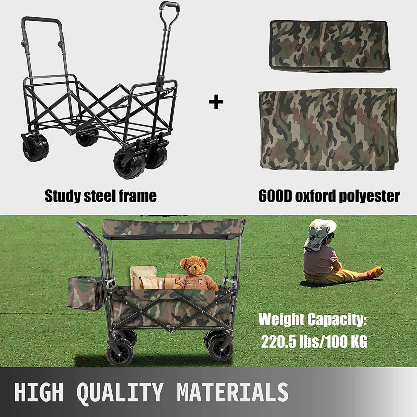 Collapsible Wagon Cart, w/Removable Canopy 600D Oxford Cloth, for Beach, Garden, Camouflage