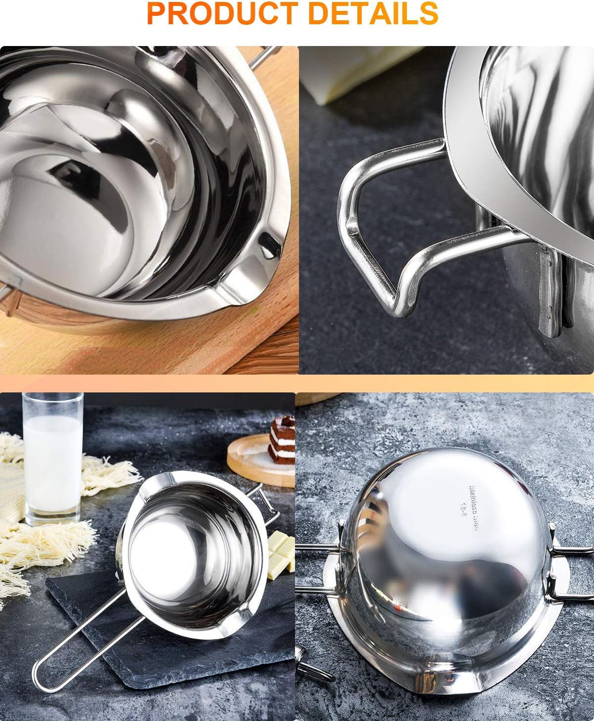 Stainless Steel Double Boiler Pot for Melting Chocolate, Candy and Candle Making (18/8 Steel, 2 Cup Capacity, 480ML)