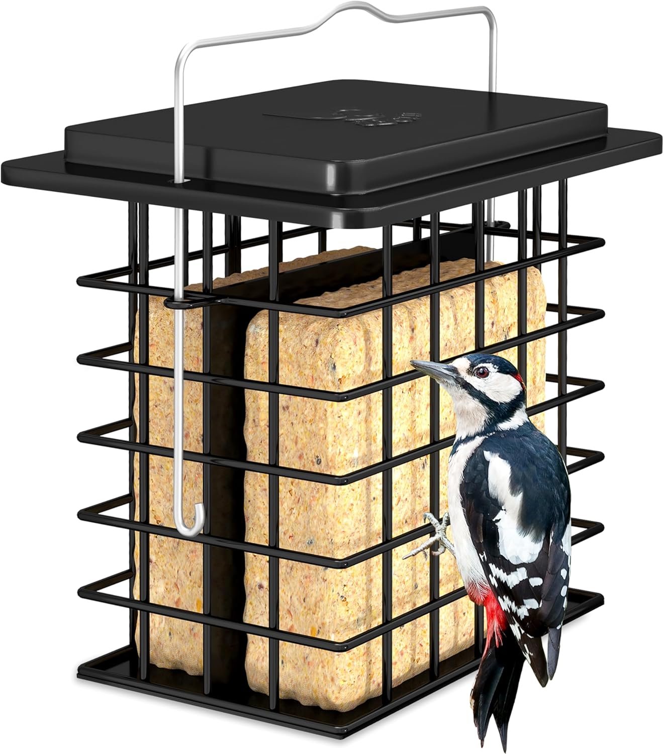 iBorn Double Suet Feeder for Outside Hanging,Weatherproof Suet Feeders,Suet Holder with Taller Grid for Woodpecker, Suet Cage Bird Feeders for Outdoors,Easy to Clean & Refill,All Metal,Black