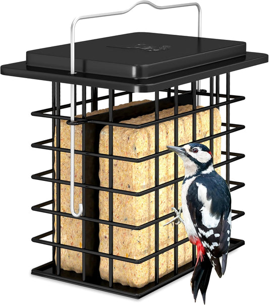iBorn Double Suet Feeder for Outside Hanging,Weatherproof Suet Feeders,Suet Holder with Taller Grid for Woodpecker, Suet Cage Bird Feeders for Outdoors,Easy to Clean & Refill,All Metal,Black