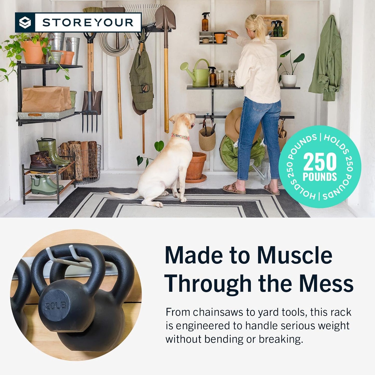 StoreYourBoard Garage Wall Organizer Tool Rack | Garden Tool Organizer System | Heavy Duty Wall Mounted Tool Storage Rack for Yard Tools Rakes Shovels 250 lb Garage Organization | 4 PVC Coated Slots