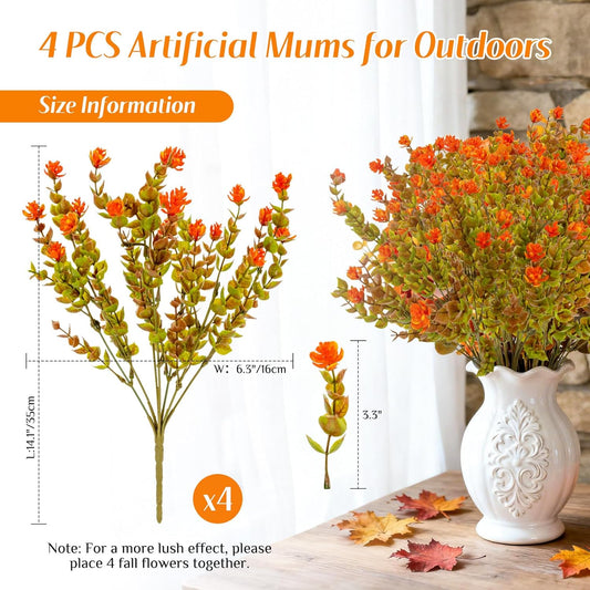 Artificial Fall Flowers for Outdoors - 4PCS Faux Autumn Plants, UV Resistant Fake Eucalyptus Stems with 84 Mini Orange Camellia for Vase Christmas Thanksgiving Wedding Party Garden Decor