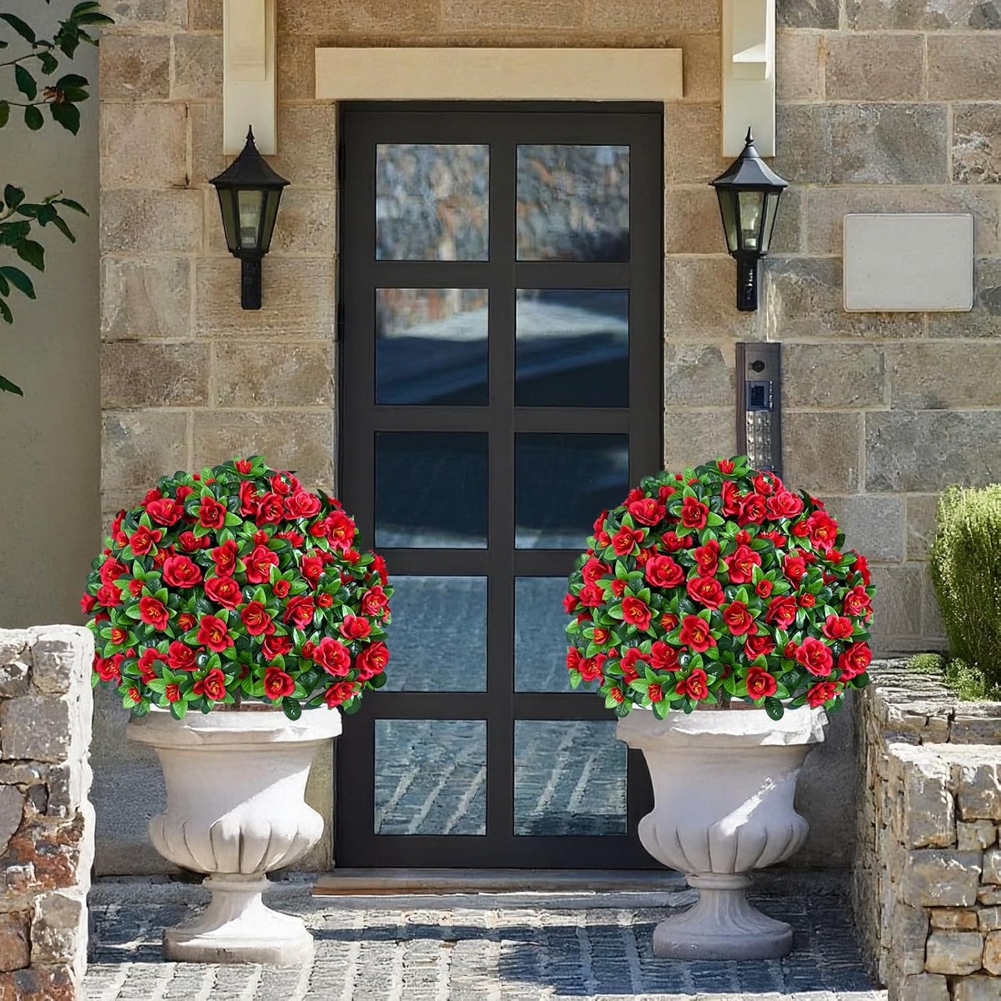 Waipfaru 2 Pack Artificial Flowers Topiary Ball Trees for Outdoors, 24" Fake Bushes Plants, UV Resistant Faux Shrubs with Ground Spike for Front Porch Planters Patio Garden Yard Decor(Red)
