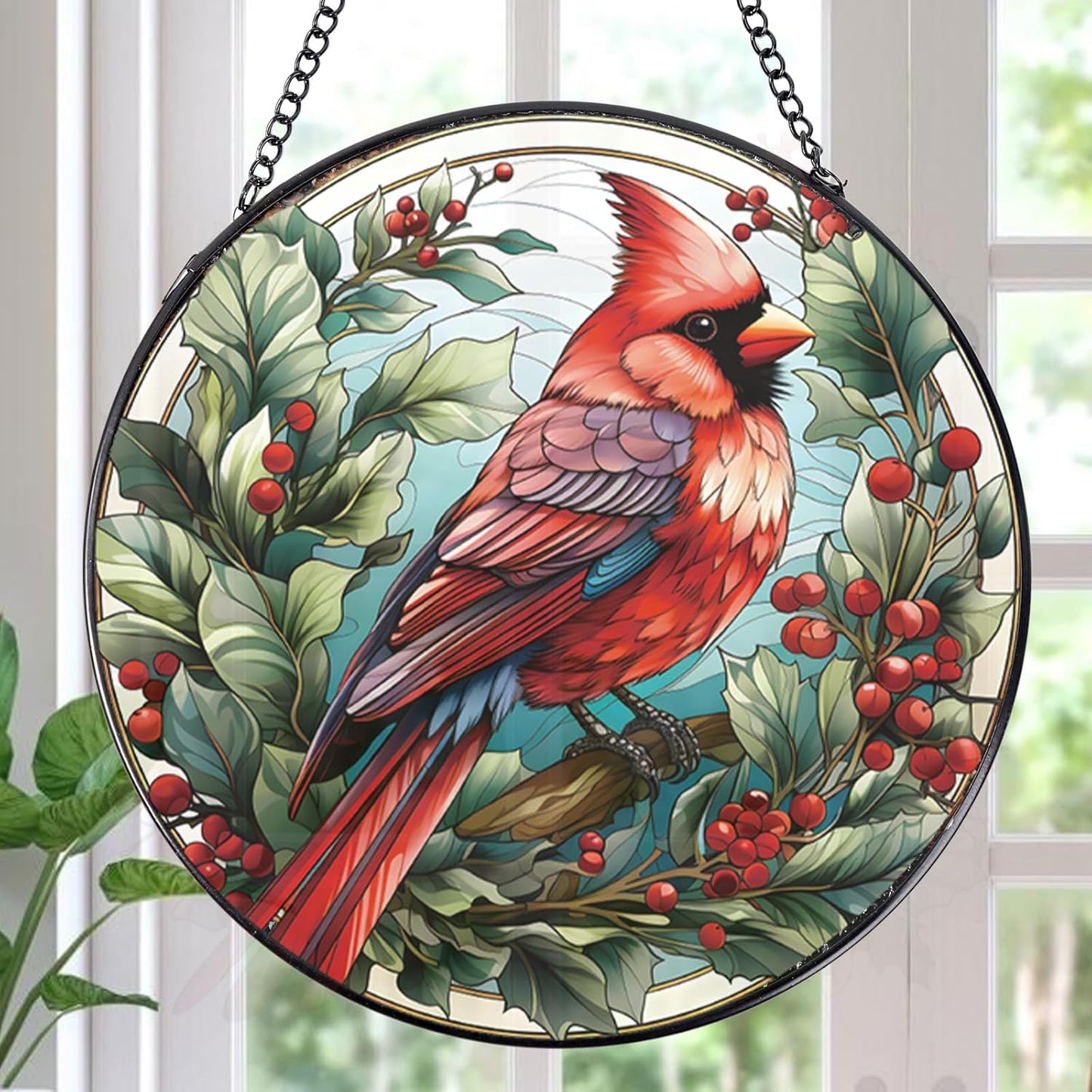 Cardinal Stained Glass Window Hanging Decor, 7.8″ Sun Catchers Stain Glass Window Hanging Indoor, Bird Suncatcher Home Wall Art Gift for Thanksgiving Christmas Housewarming