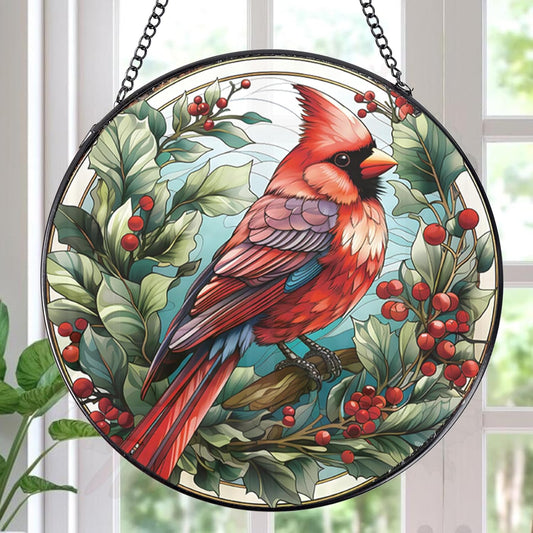 Cardinal Stained Glass Window Hanging Decor, 7.8″ Sun Catchers Stain Glass Window Hanging Indoor, Bird Suncatcher Home Wall Art Gift for Thanksgiving Christmas Housewarming