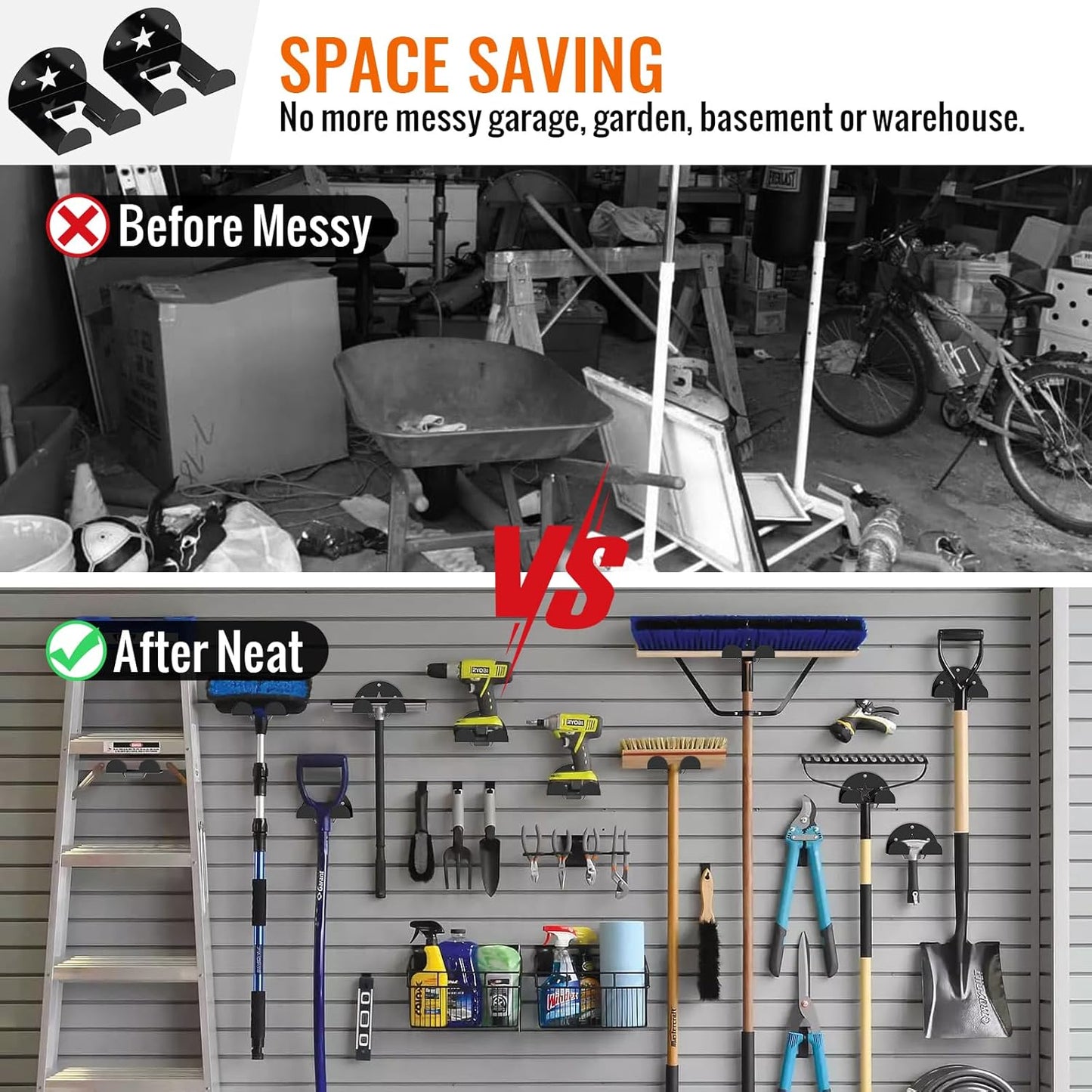 2 Pack Trimmer Rack Garage Garden Power Tool Hanger for Grass Trimmer, Hedge Trimmer, Garage Wall Weed Eater Hanger Holder Trimmer Power Tool Organizer Storage Wall Mount (Black)