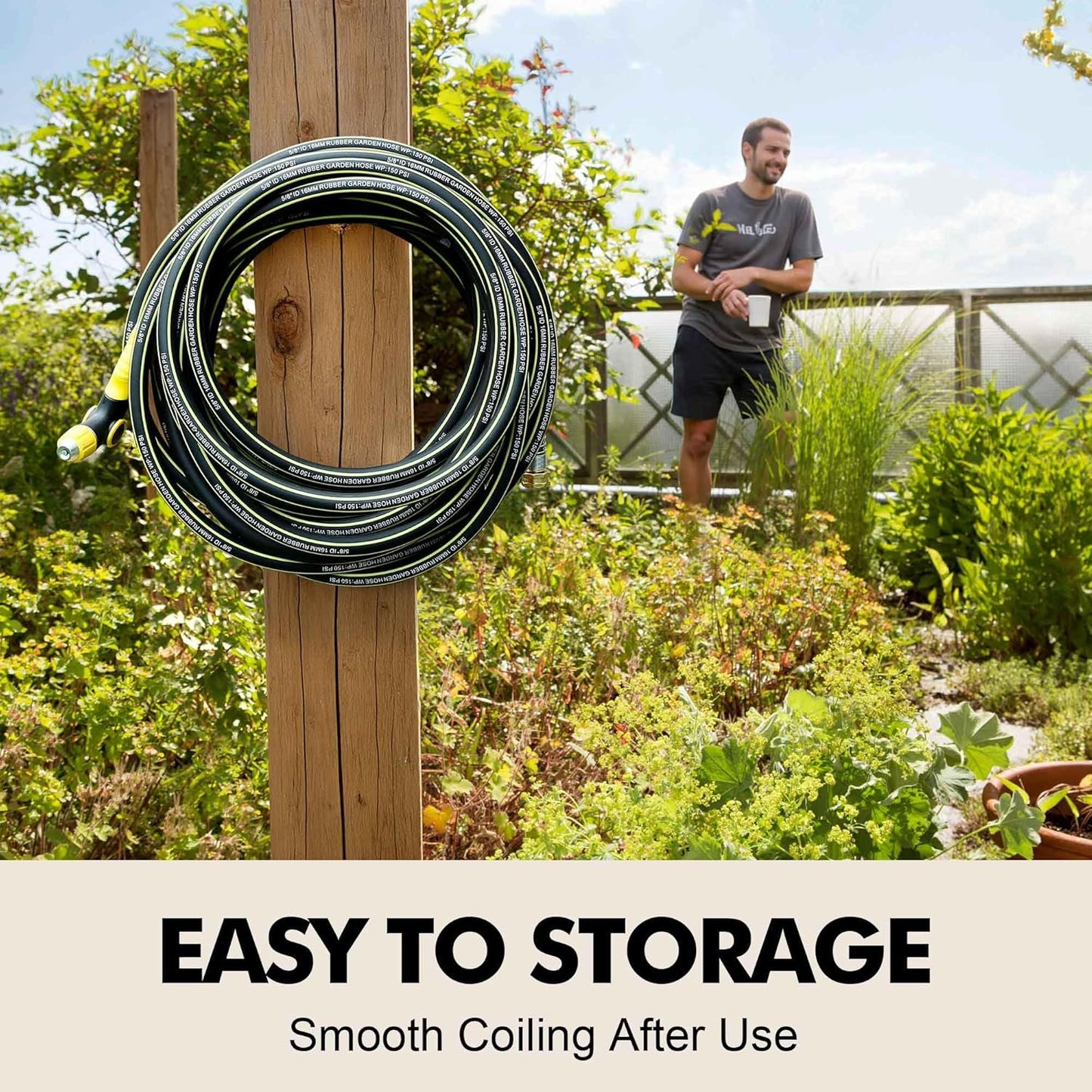 Lightweight Rubber Garden Hose 50 ft, 5/8" Hybrid Rubber Hose with Sol