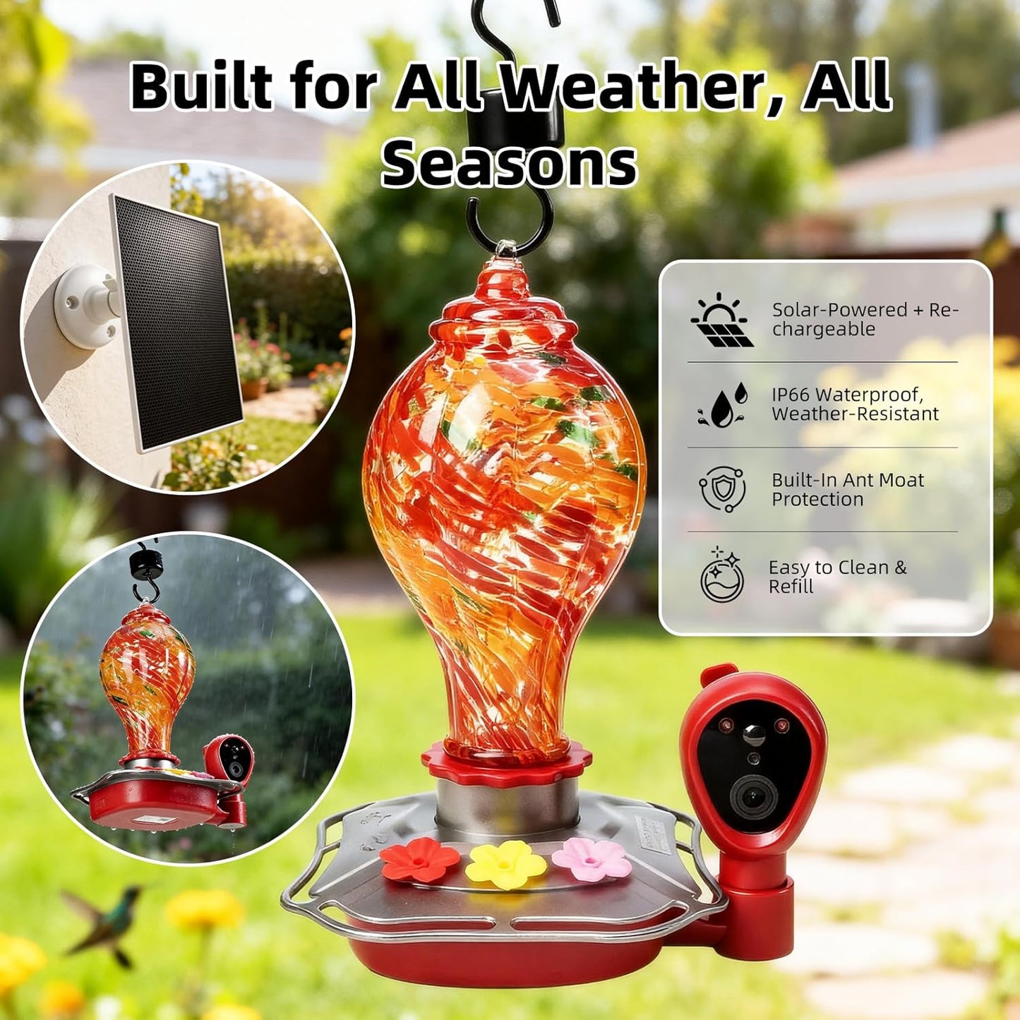 Smart Hummingbird Feeder with Camera, Solar Powered 2K HD Live View Glass Station, AI Bird ID & Motion Alerts, Auto Nectar Monitor, Leakproof Water Moat,Hummingbird Feeders for Outdoors & Hanging Gift