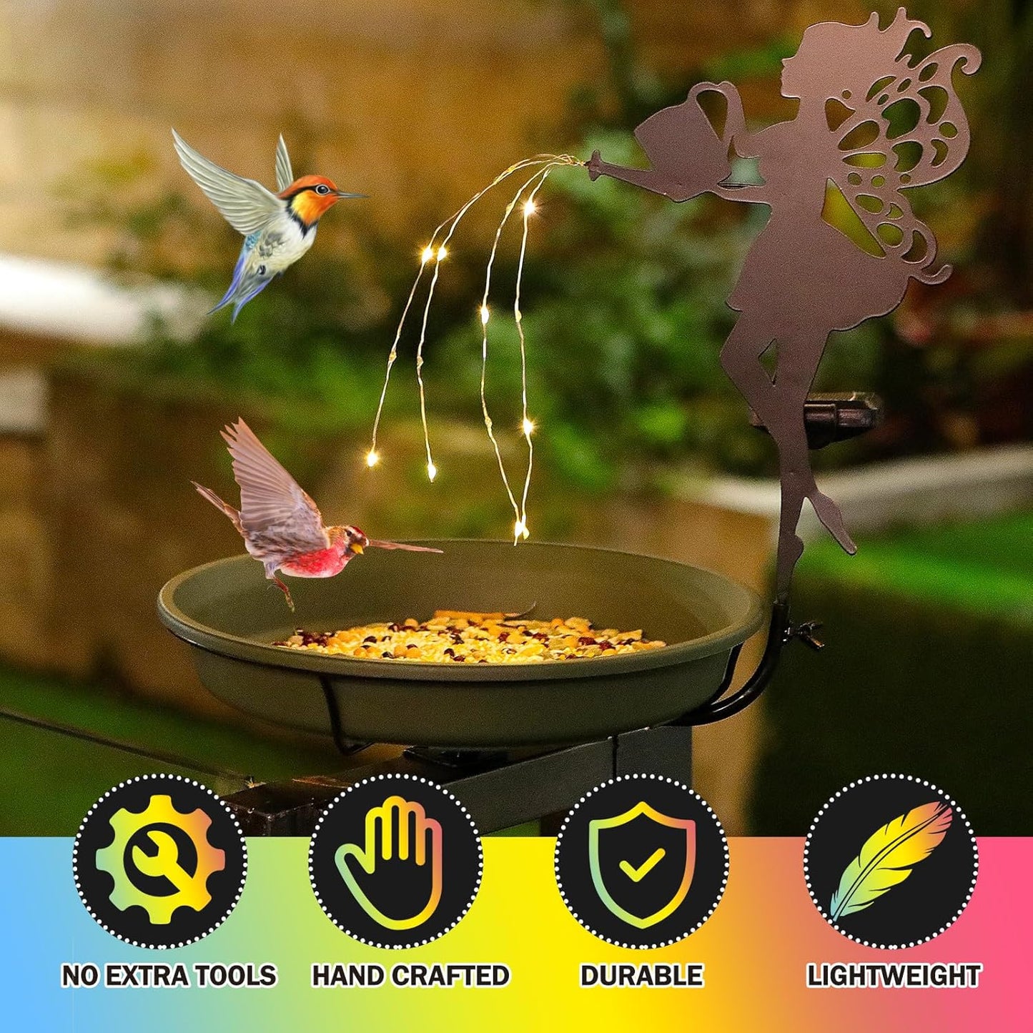 Solar Light String Bird Bath，Birdbaths Deck Mounted 19.5 Inches Bird Bath 2.7 Inches Deck Adjustable Steel Clamp，Balcony Railing Birdbaths, Fence Clamp Detachable…