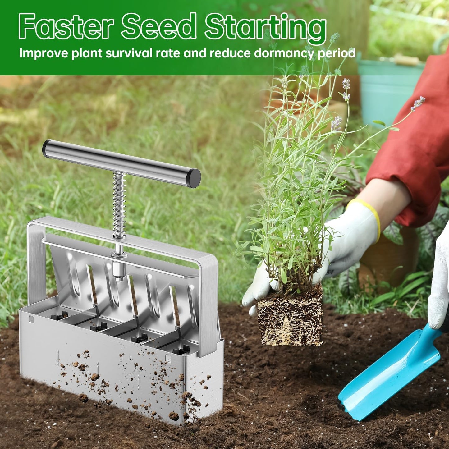 Soil Blocker, 4 Cell Soil Block Maker 2 Inch with 3 Sizes Seed Pins, S