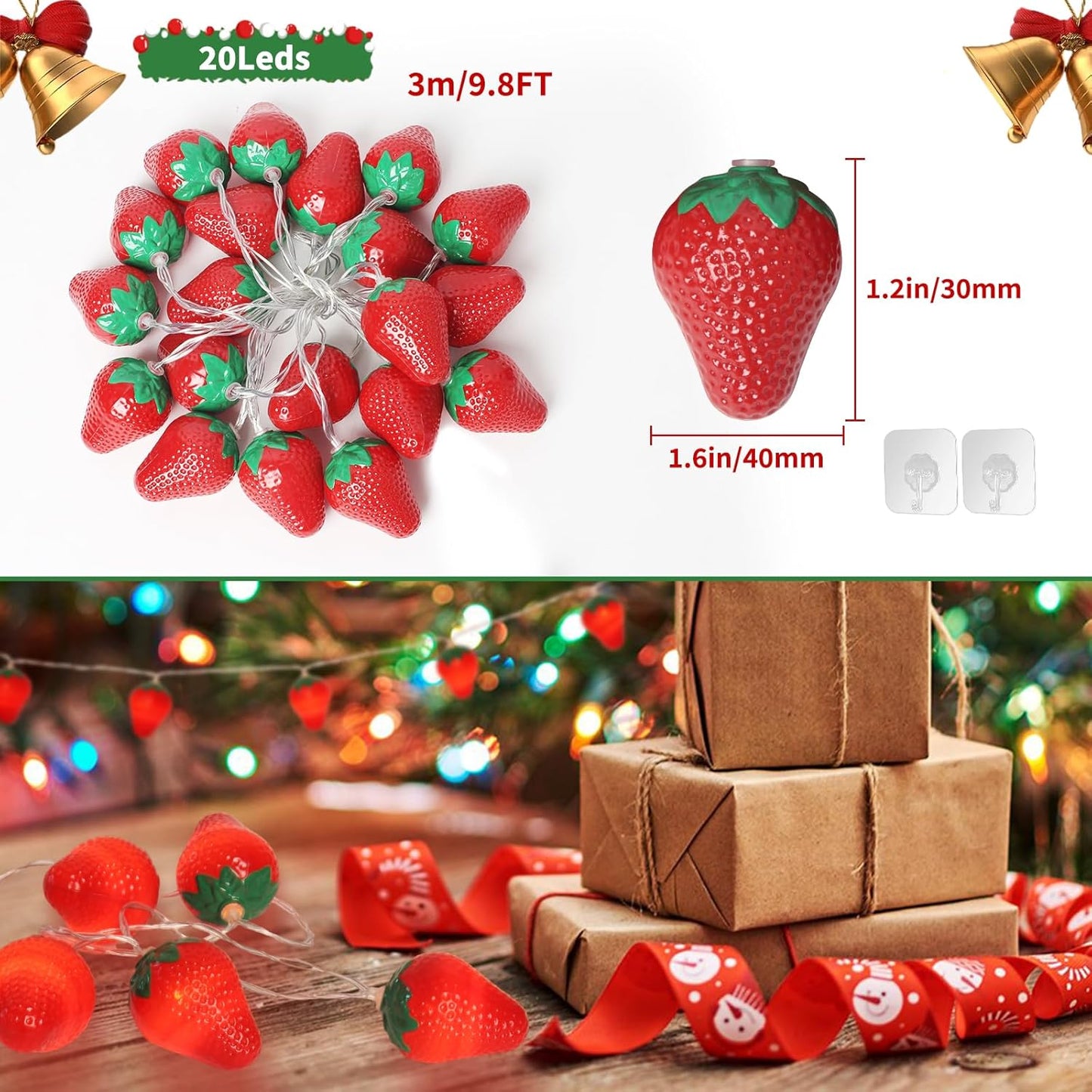 3M 20LED Fruit Strawberry String Lights Battery Powered Indoor Outdoor Lighting Lamp for Wedding Home Birthday Garden Yard Patio Party Christmas Tree Cute Decorations