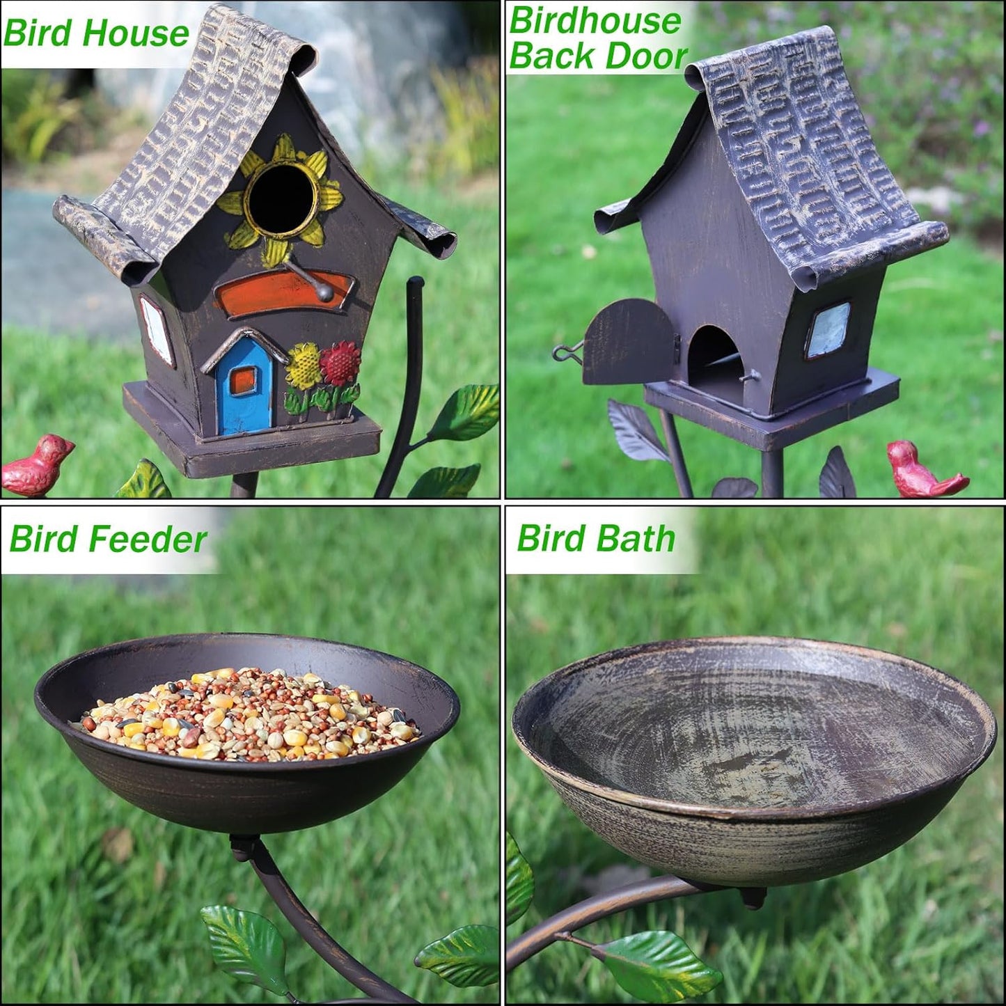 Metal Bird Houses for Outside, Bird Feeder and Bird Bath,3-in-1,Freestanding with Cast Iron Base, Outdoor Garden & Courtyard Decoration
