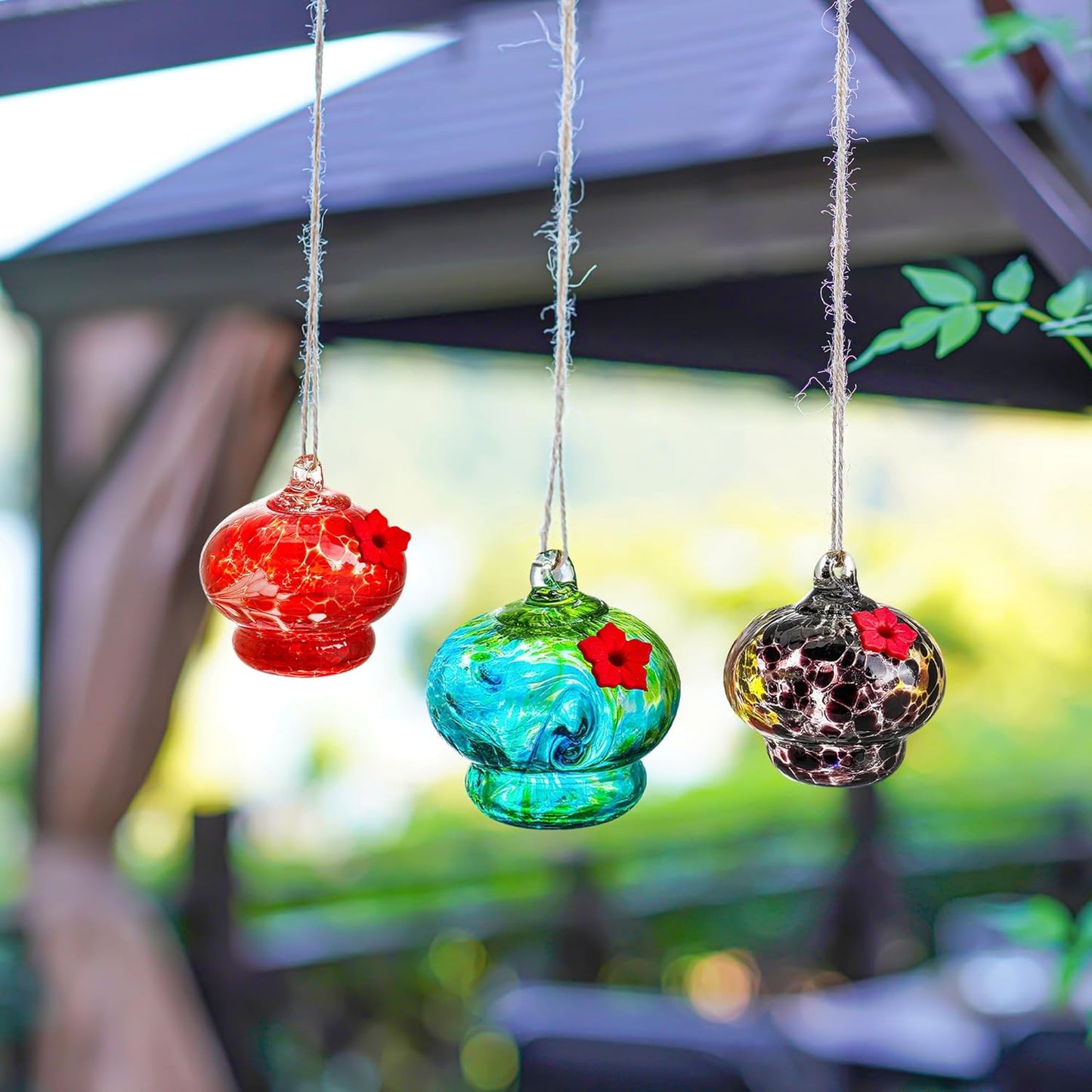 3 Pack Glass Hummingbird Feeders for Outdoors 3in Small Hand Blown Glass Bird Feeder with Flower Feeding Ports for Backyard Garden Decorations
