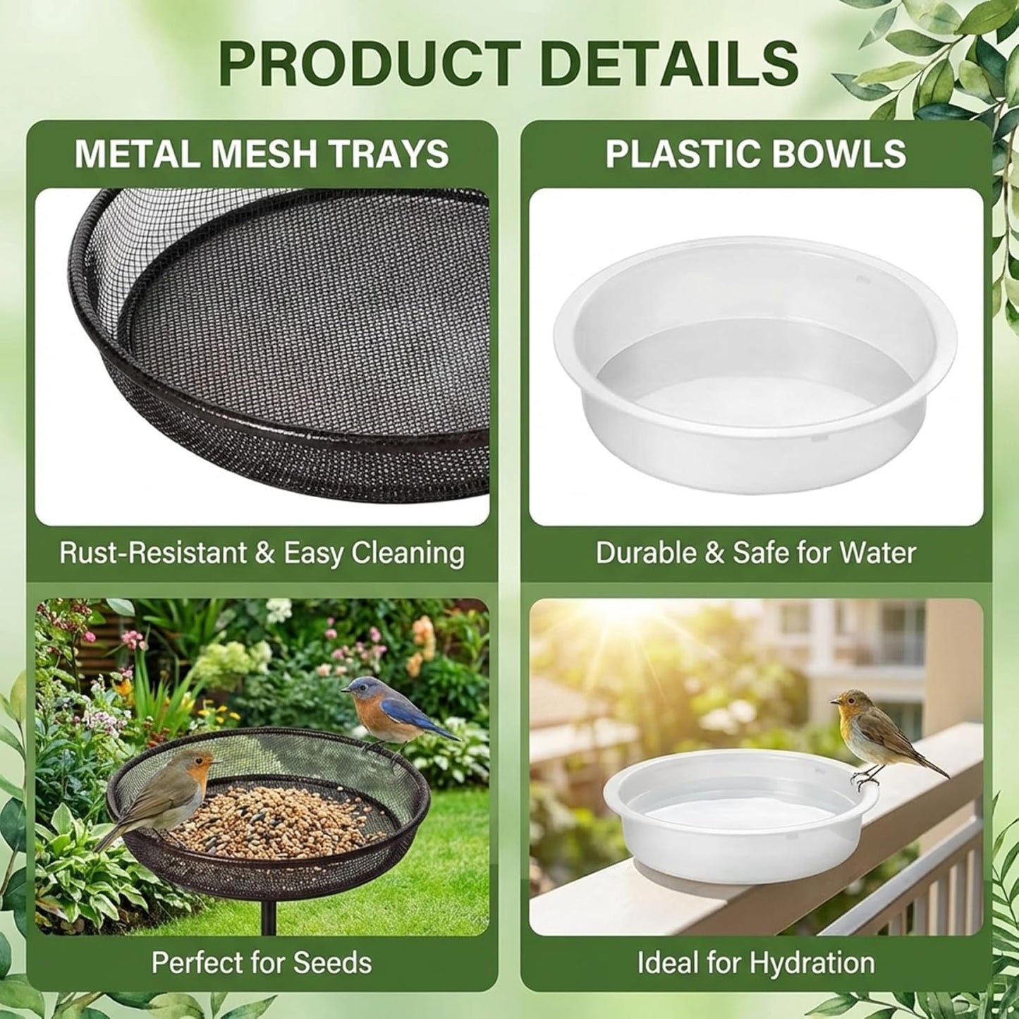 4PCS Bird Feeder Tray, Hanging Birdfeeder & Birdbath 2 Mesh Trays & 2 Water Bowls for Garden, Outdoor Wild Bird Feeding Station Feeder Tray