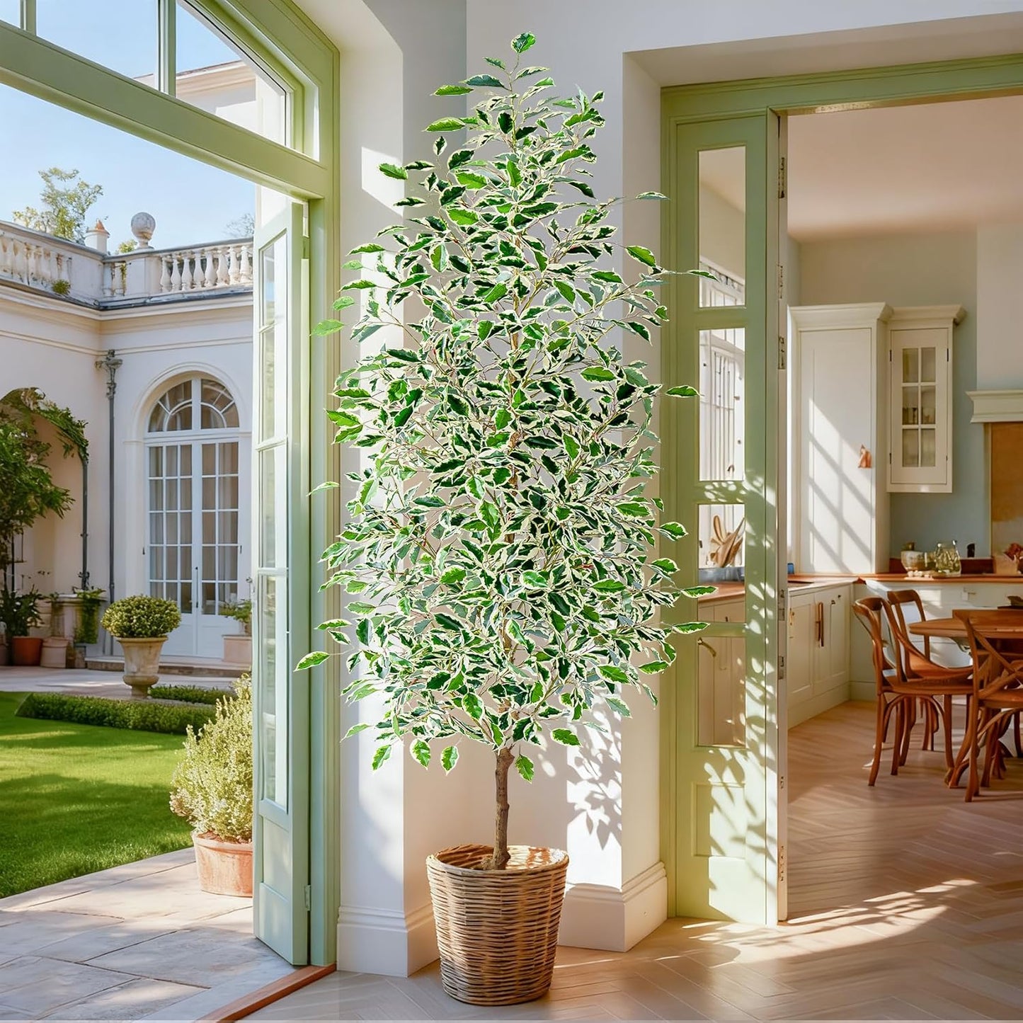 7FT Artificial Ficus Trees Indoor Faux Trees Indoor Fake Floor Plants Tall Artificial Tree with White Pot Faux Tree Fake Indoor Tree Silk Plants Artificial Trees for Home Decor Indoor