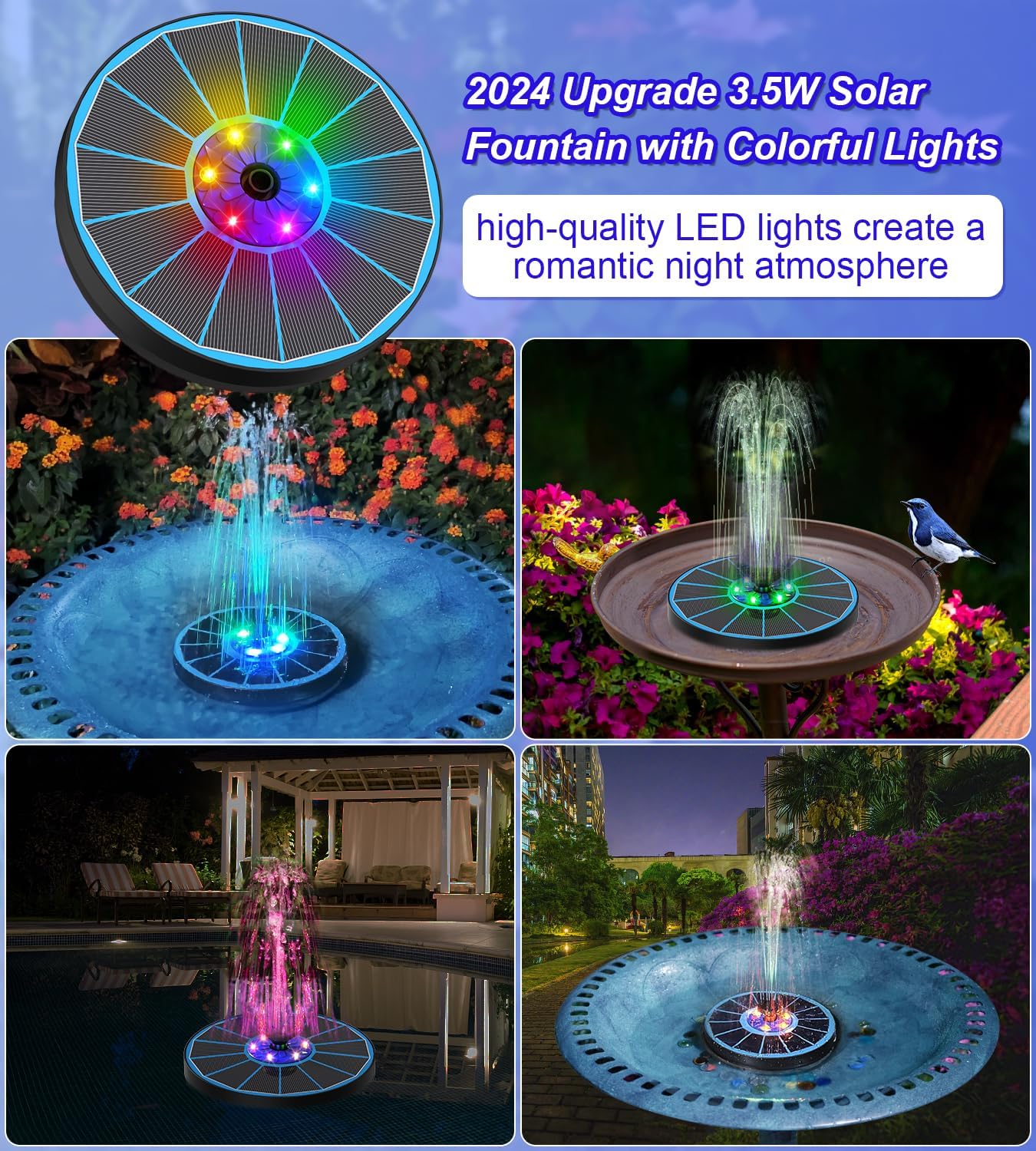 SZMP Solar Fountain Pump 3.5W Bird Bath Fountains with Blue Flower Upgraded Glass Panel, 7 Nozzle & 4 Fixer, Solar Powered Water Fountain for Garden, Pond, Outdoor (Colorful)