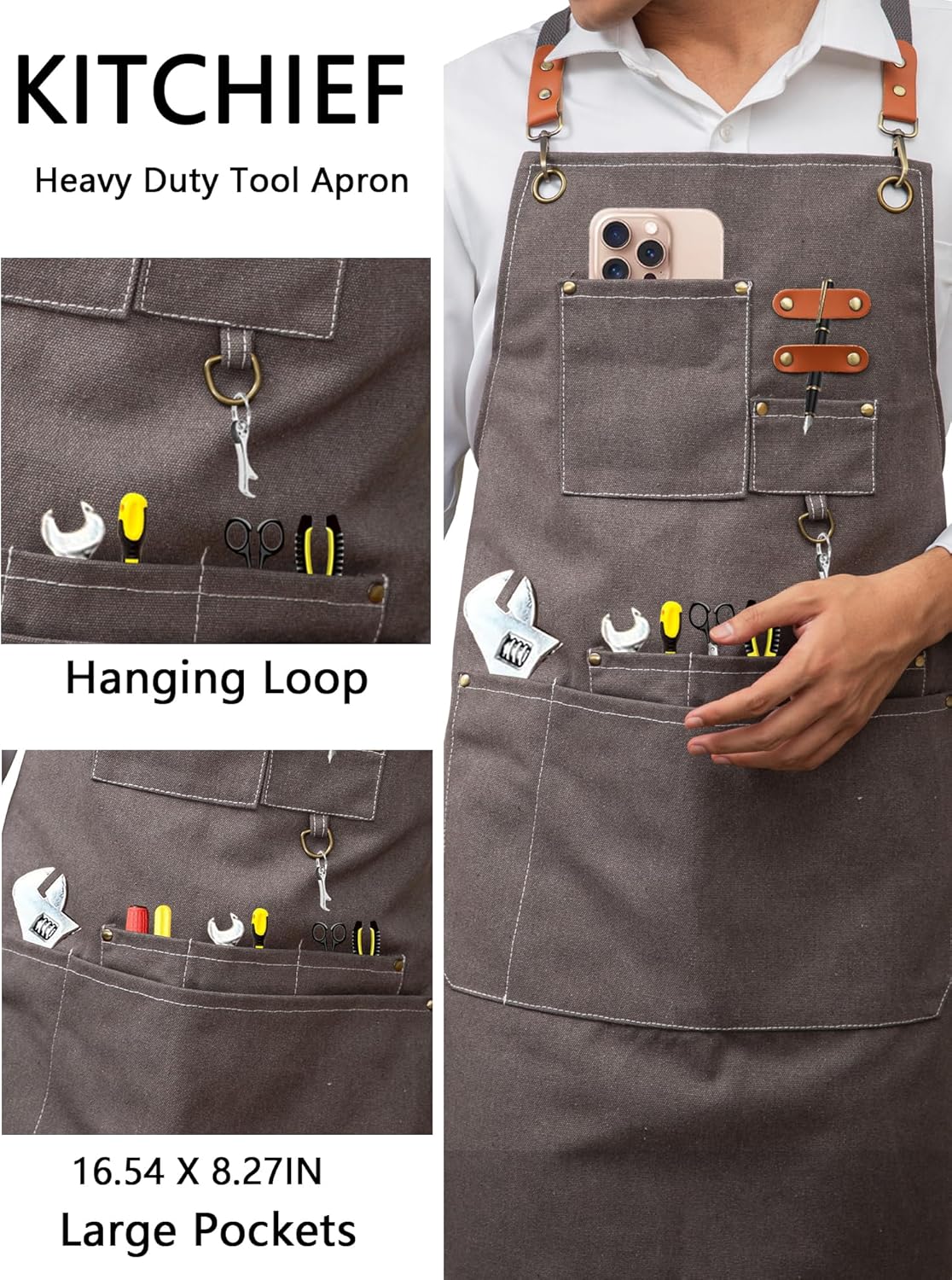 KITCHIEF Woodwork Aprons for Men,Tool Apron with loop and Pockets,Cross Back Heavy Duty Workshop Apron for Carpenter,Garden
