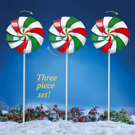 3 Pack Outdoor Metal Lollipop Wind Spinners Yard & Patio Christmas Dec