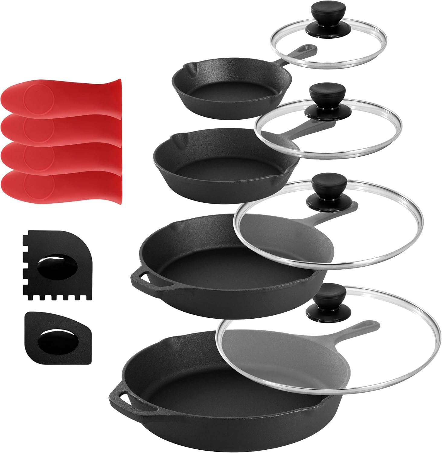 MegaChef 13 Piece Pre-Seasoned Cast Iron Skillet Set with Temperd Glas