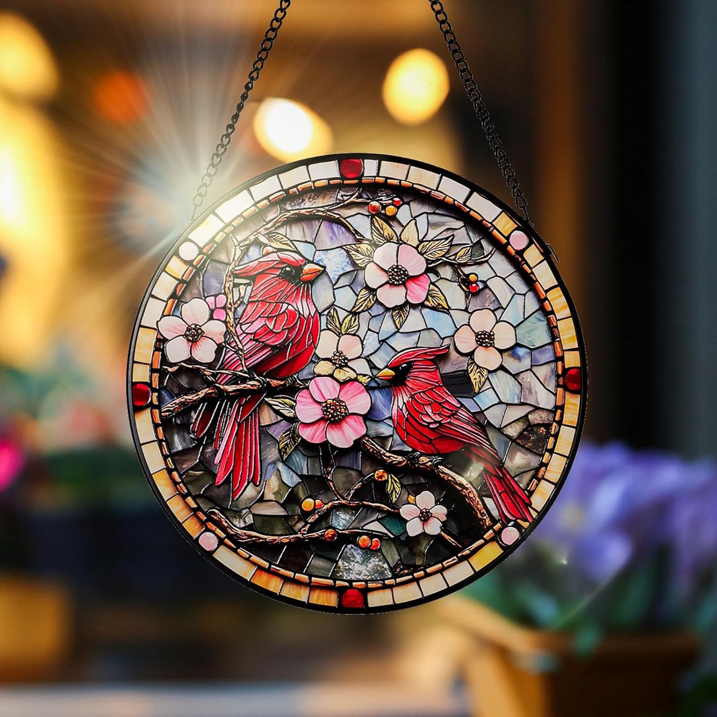 Cardinal Stained Glass Suncatcher - Hand-Painted Window Hanging with Metal Chain, Outdoor/Indoor Wall Decor for Mothers Day, Housewarming Gifts for Mom & Grandma Women Birthday Gifts
