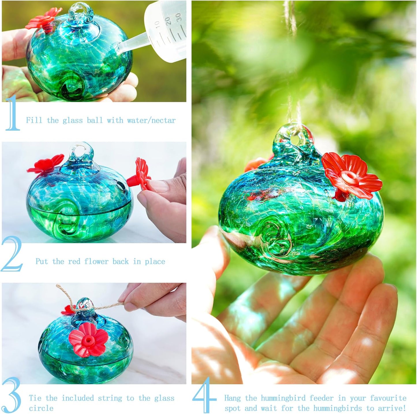 3inch Blown Glass Hummingbird Feeders for Outdoors Small Glass Hummingbird Feeders to Attract Hummingbirds Ant and Bee Resistant Round Feeder Unique Gifts for Woman - 2 Feeding Ports