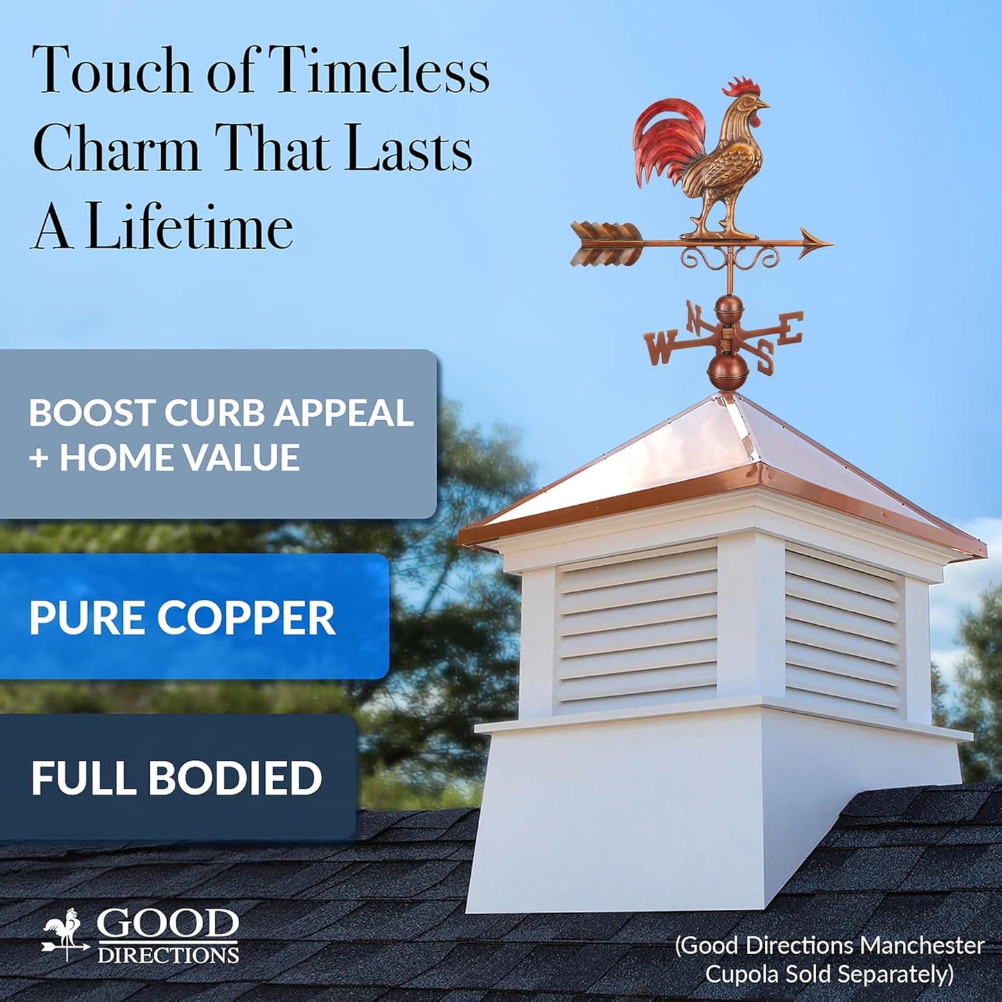 Good Directions Bantam Red Rooster Copper Weathervane, Hand Finished Multi Color Patina