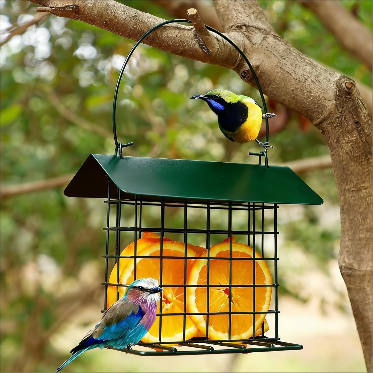 Wild Birds feeders Metal Roof-Suet Cakes Cage Bird Feeder Outdoors or Outside Garden Yard Patio Hanging Outdoors or Outside Garden Yard Patio Hanging （Dark Green）
