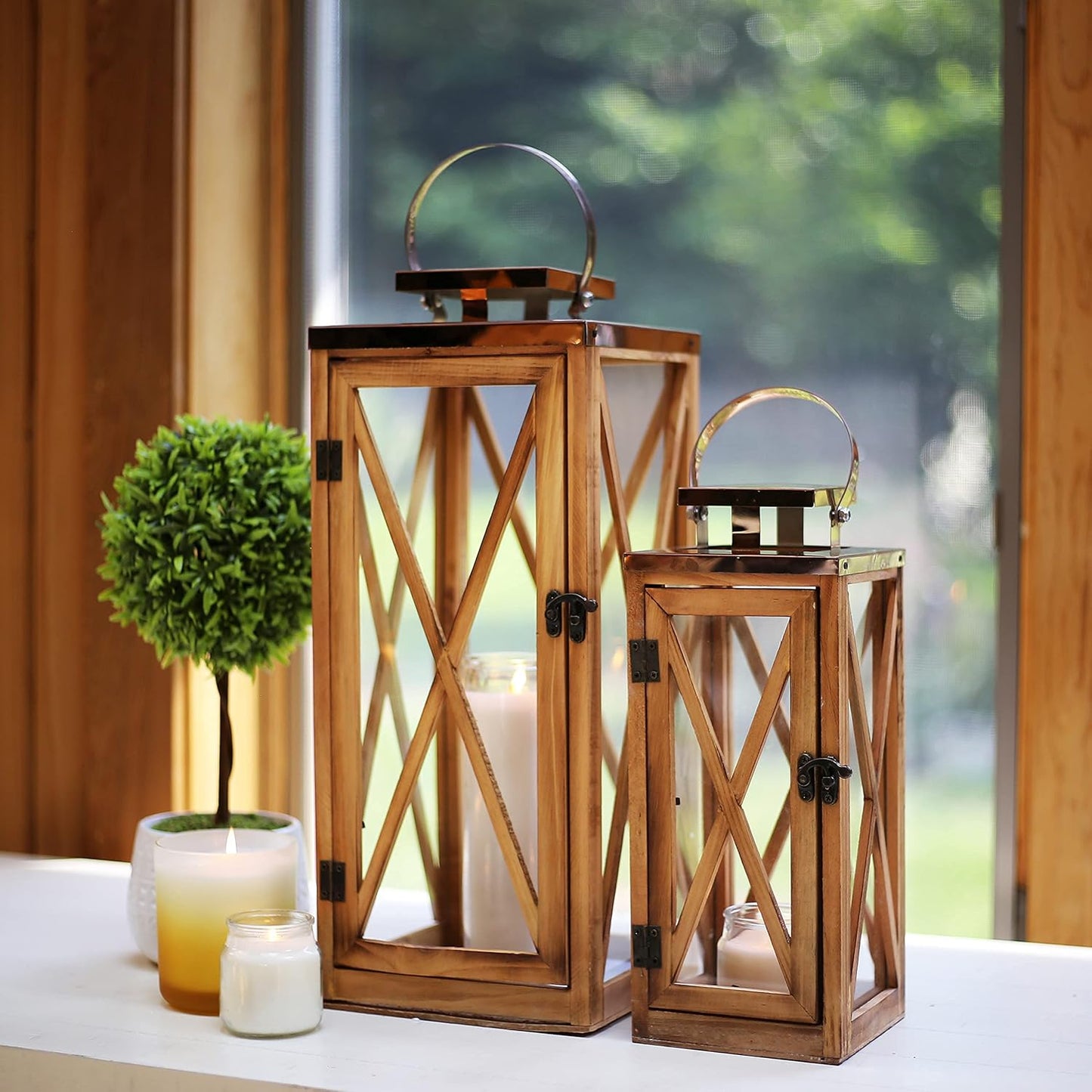 Wooden Candle Lantern Decorative Set of 2, Patio Decor with Stainless 