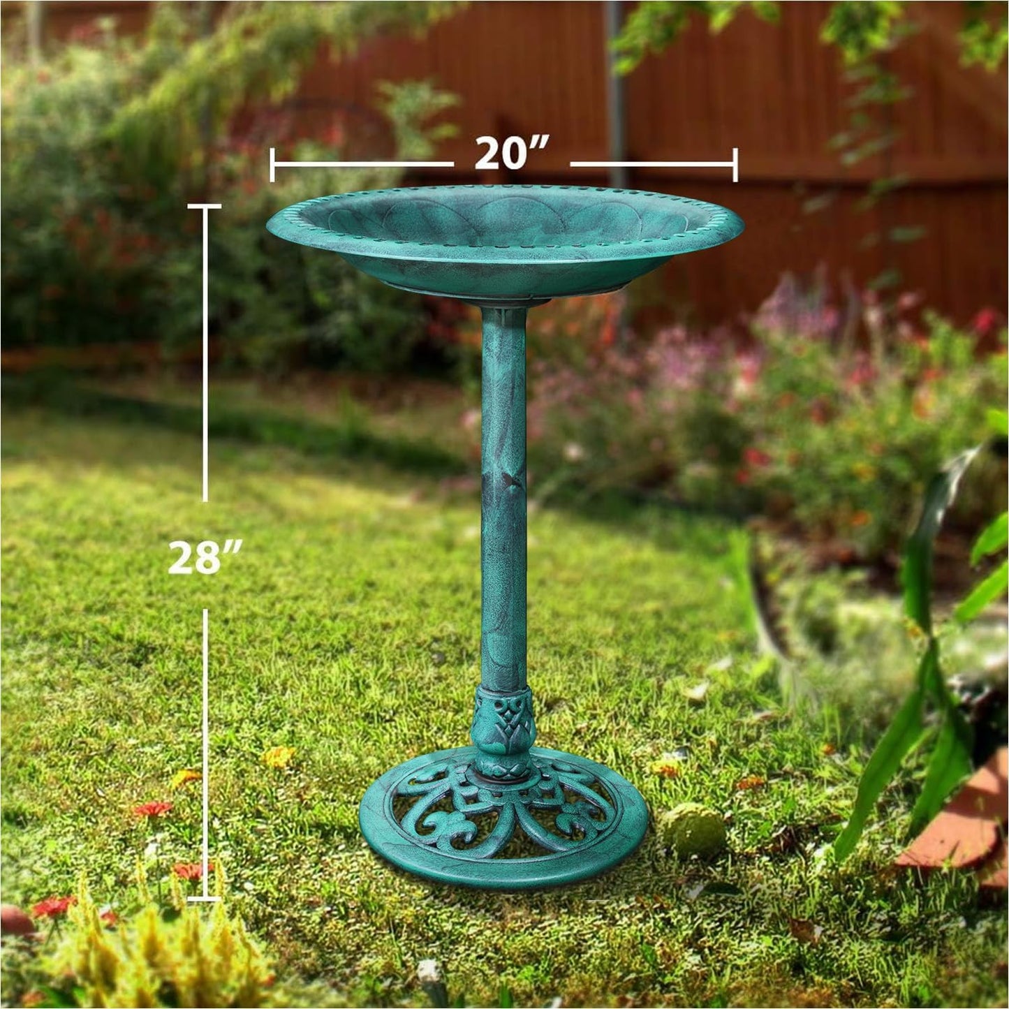 VECELO 28" Pedestal Outdoor Bird Bath for Outside, Vintage Bronze Polyresin Lightweight Antique, Yard/Garden Decoration, Green