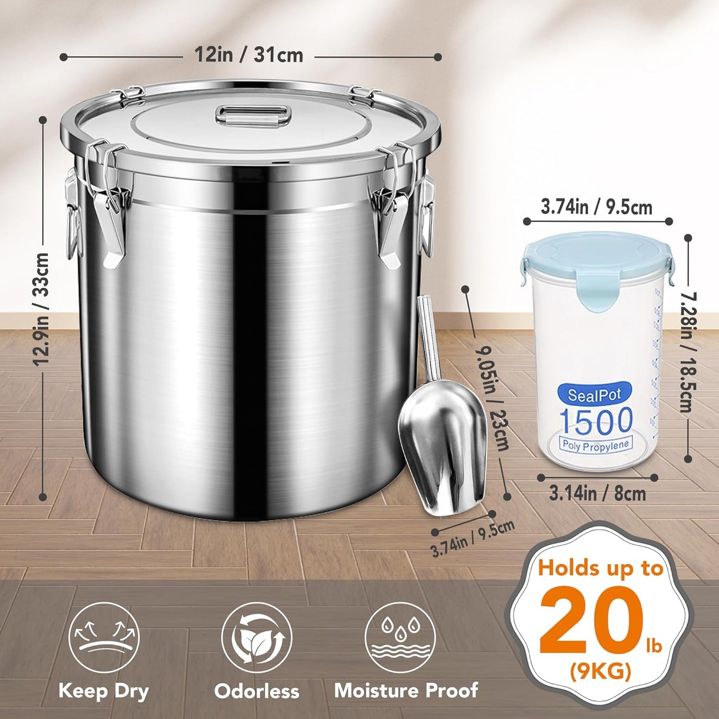 Newget Dog Food Storage Containers, Large Stainless Steel Pet Food Storage Containers 20 lb / 9 kg to Keep Fresh, Metal Airtight Cat Food Containers With Scoop and 2 Small Containers