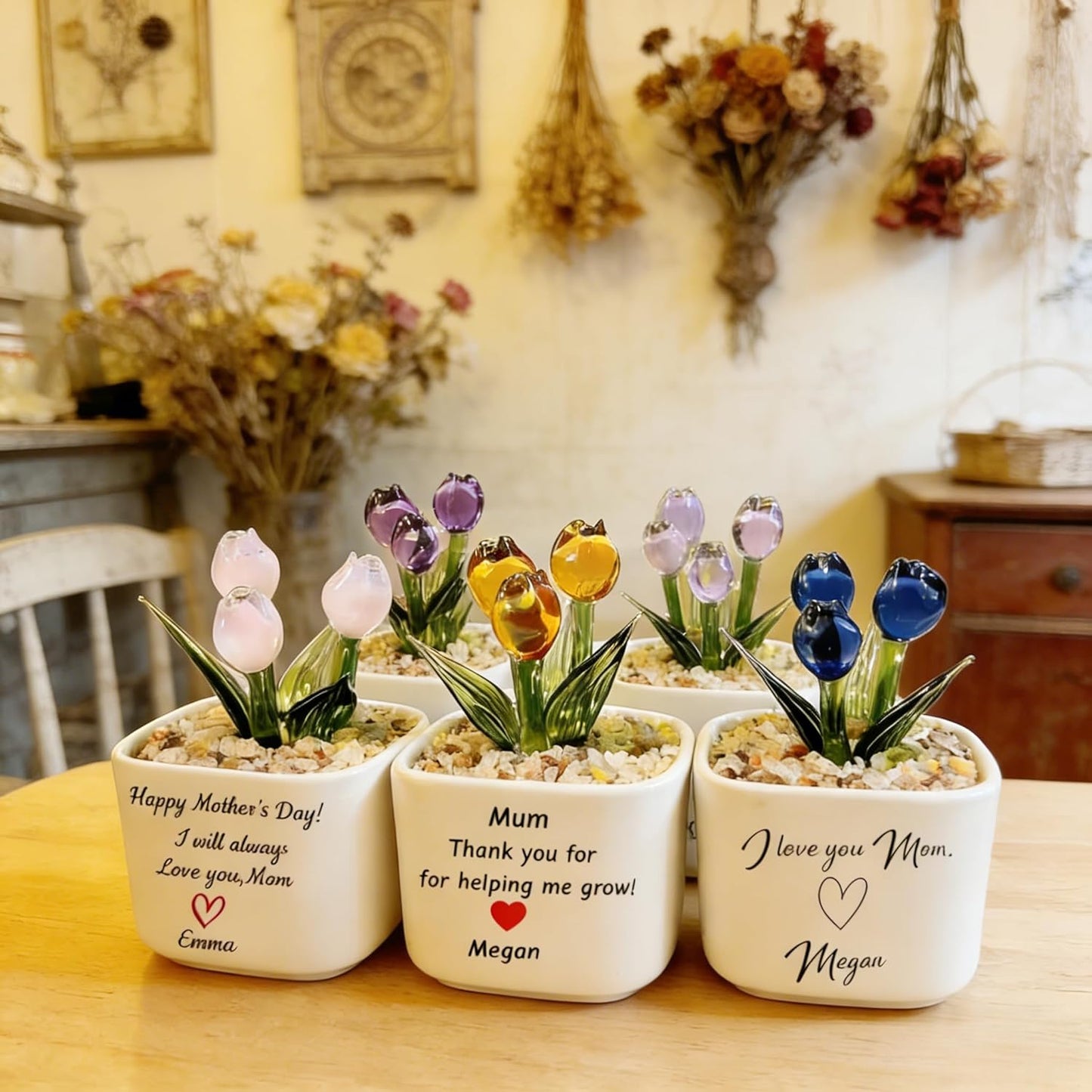 Personalized Glass Tulip Gift for Mom, Handmade Blown Everlasting Flow