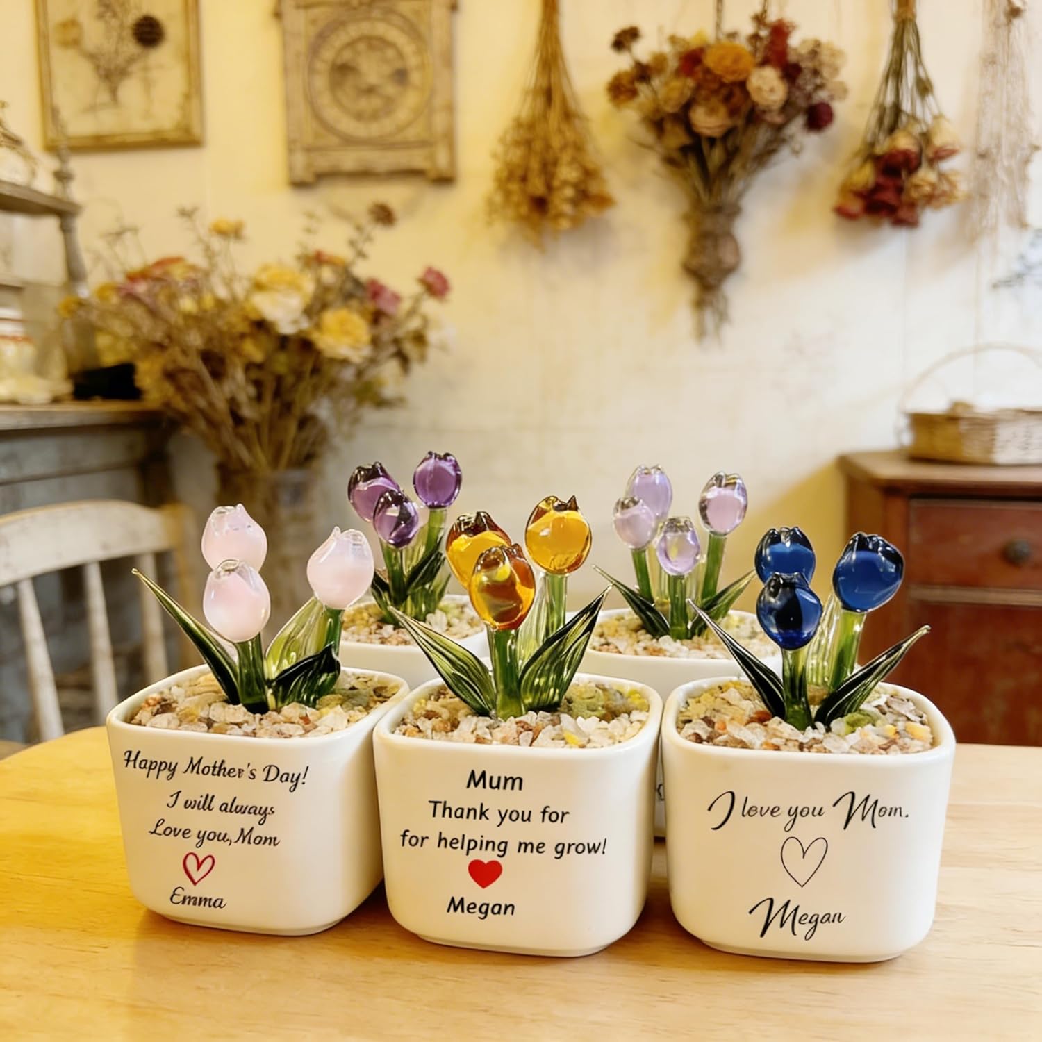 Personalized Glass Tulip Gift for Mom, Handmade Blown Everlasting Flow