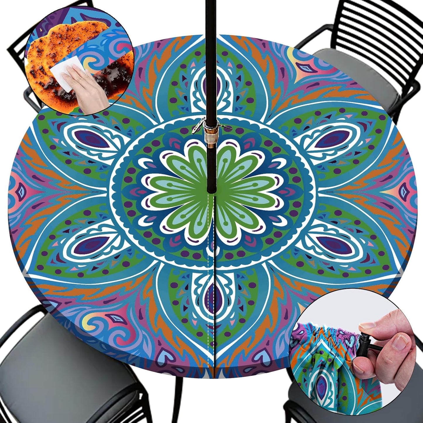 Round Fitted Outdoor Tablecloth with Umbrella Hole and Zipper Vinyl Waterproof Patio Picnic Camping Essential for 45-54" Table Summer Garden Rv Organizer Gift for Camper Husband Wife
