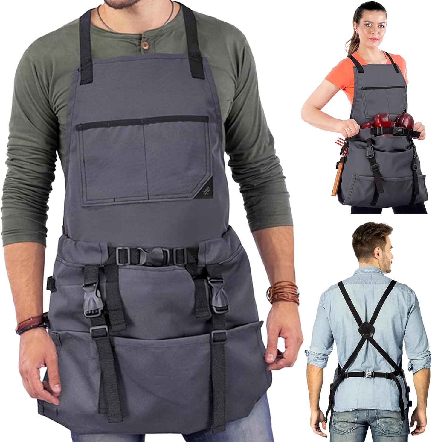 Gardening Apron for Women Men - Garden Harvest Apron with Quick Release Pocket and Adjustment Cross Strap, Washable Harvesting Picking Pouch for Gardener Fruit Vegetable Outdoor Orchard Farm