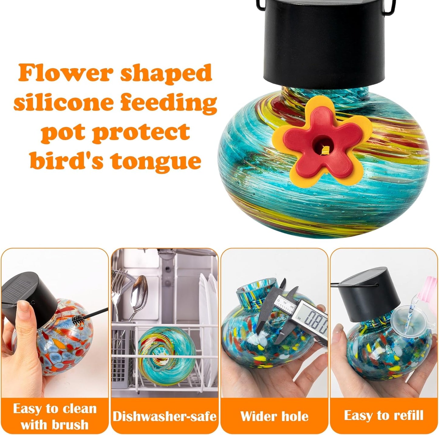 Solar Power Hummingbird Feeders - Colorful Hand Blown Glass Window Wil