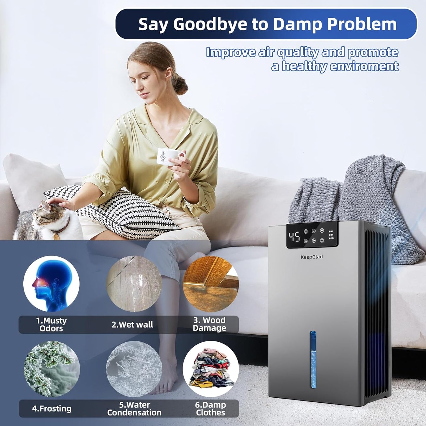Dehumidifier, 98OZ Dehumidifiers for Home(1000sq.ft), Humidity Display Dehumidifier for Basement Bathroom Bedroom, Auto Shut Off, Washable Filter, Drain Hose, Timer, 7 Ambient Lights, Gray