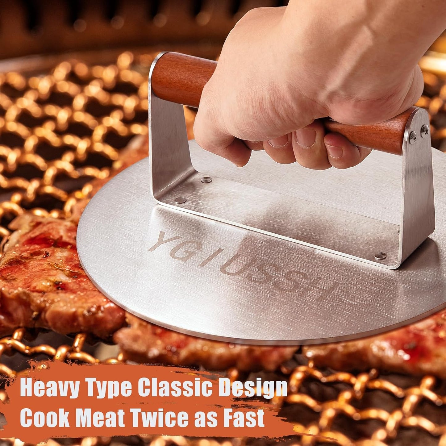 8.7 Inch Heavy-Duty Grill Press with Beech Wood Handle Stainless Steel Bacon Press Round Non-Stick Hamburger Press Weight Burger Smasher for Perfectly Seared Bacon Steak & Sandwiches