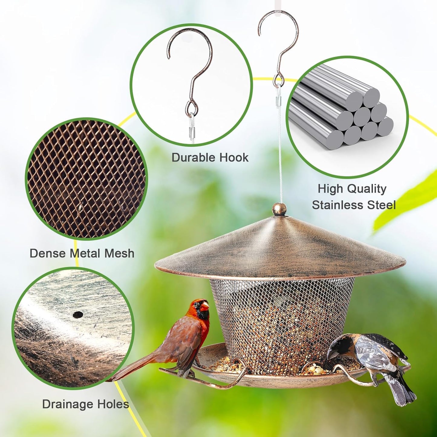 Bird Feeder for Outdoor, Rainproof Weatherproof Metal Hanging Wild Bird Feeder with 9.8" Roof 3 LBs Seeds Capacity, Easy to Clean & Refill