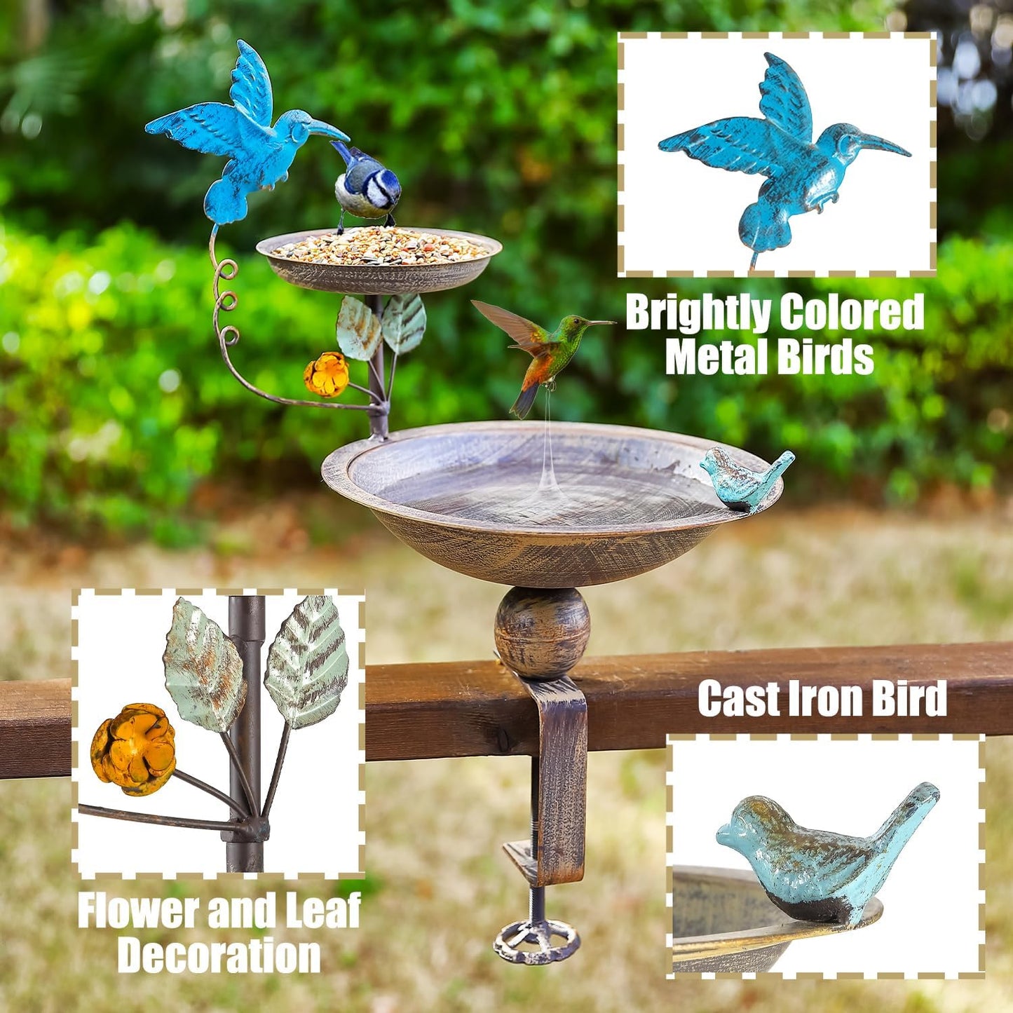 Deck Mounted Bird Bath and Feeder, 2-in-1 Balcony Metal Birdbaths for 