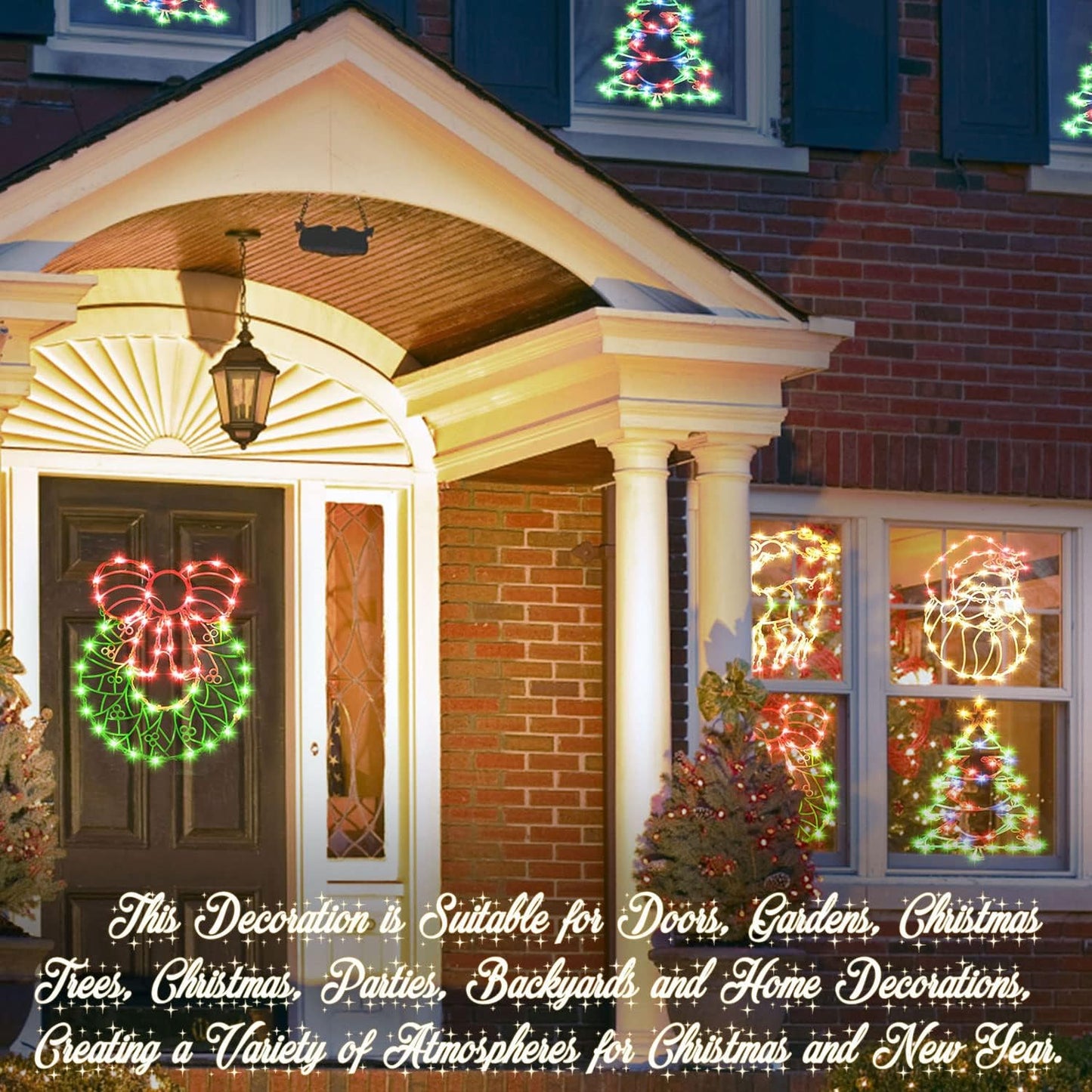 SANEIYA 16 Inch Christmas Window Silhouette Lights Decorations, 4 Pack Waterproof Window Hanging Lights Elk, Christmas Tree, Santa Claus, Wreaths for Party, Home Indoor Outdoor Wall - 200 Mini Bulbs