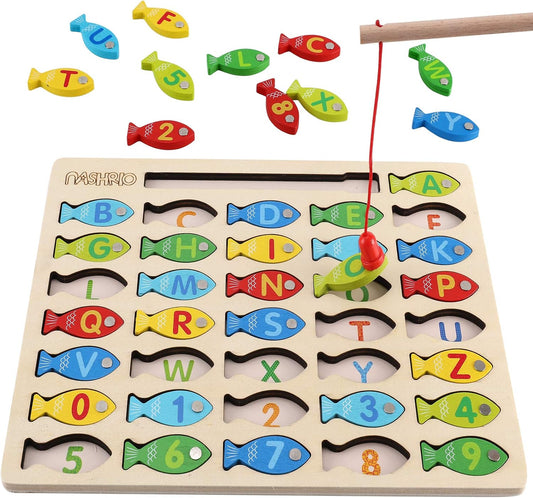 Magnetic Wooden Fishing Game Toy for Toddlers, Alphabet Fish Catching 