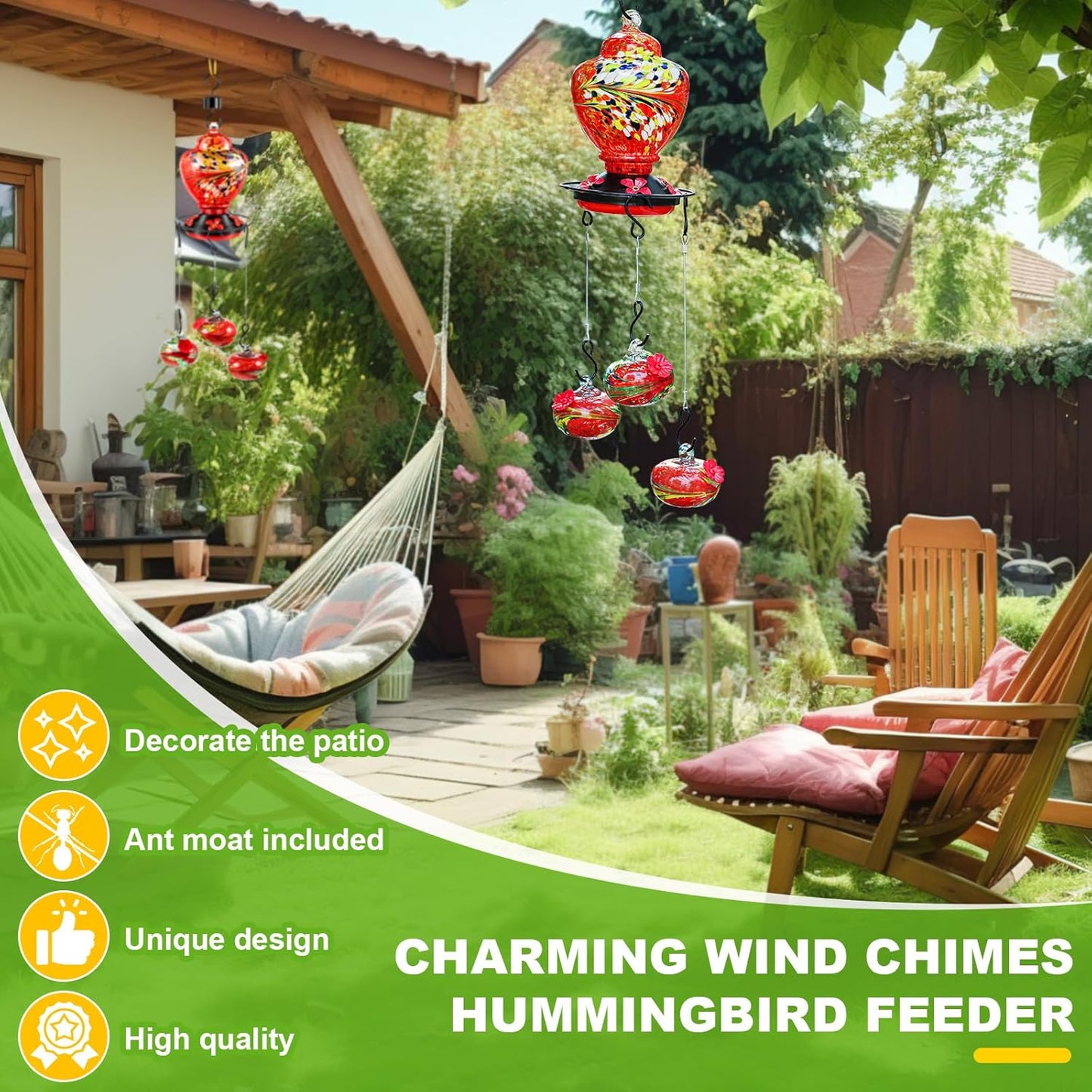 Wind Chimes Hummingbird Feeder Glass Hummingbird Feeder Spring Summer Outdoor Hanging Decor Valentine Mother's Day Gifts Outside Garden Decor for Patio Window Accessories